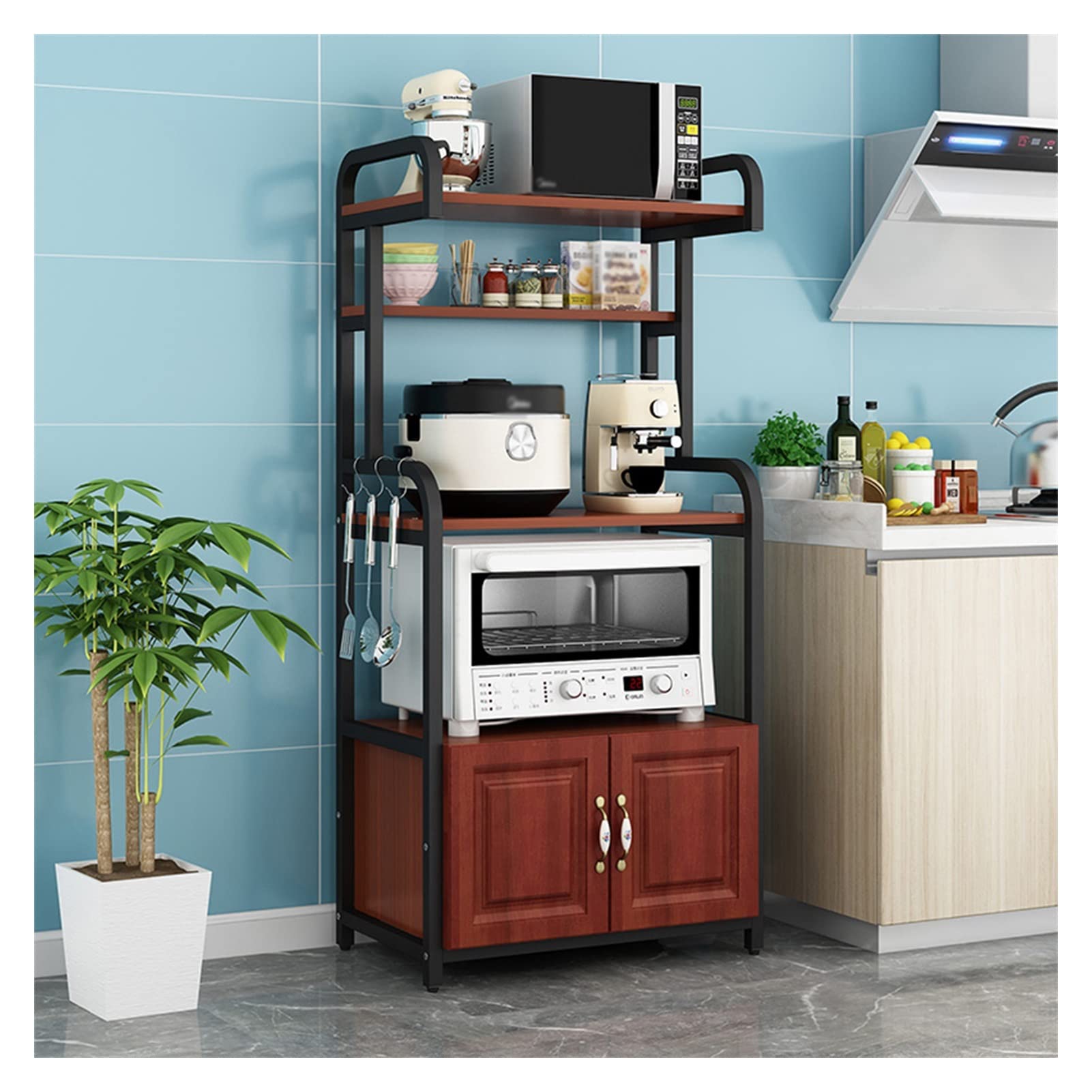 LYWY 70CM Steel Kitchen Organizer Rack with Hooks - Microwave Stand, Baker's Rack & Utility Storage Shelf for Spices, Cookware & Kitchen Essentials (Black) - Perfect for Small Kitchens, Pantry Organization & Countertop Storage