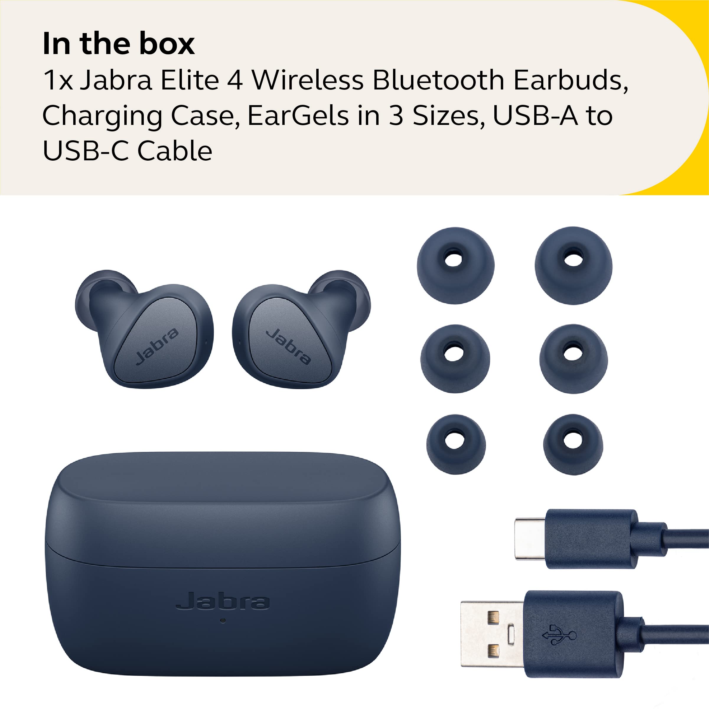 Jabra Elite 4 True Wireless Earbuds with Active Noise Cancellation - Bluetooth 5.2 Headphones for iPhone, Android & Laptop - Comfortable & Secure Fit for Gym, Running, Work & Travel - Navy Blue
