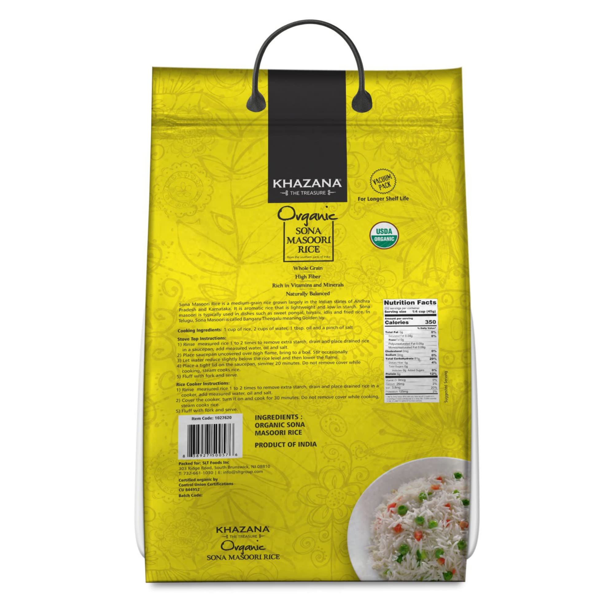 Khazana Organic Sona Masoori Rice - 20 lb Bag | Aromatic Indian Basmati Rice | Non-GMO, Gluten-Free, Kosher, Cholesterol Free | Perfect for Biryani, Pulao & Daily Meals