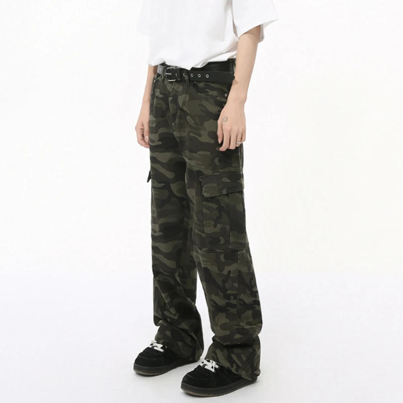 American Style Men's Denim Pants - Camouflage Print with Big Pockets, Straight Wide Leg Loose Fit Jeans for Casual Wear (Model 9C7508) | Perfect for Outdoor Adventures and Street Fashion