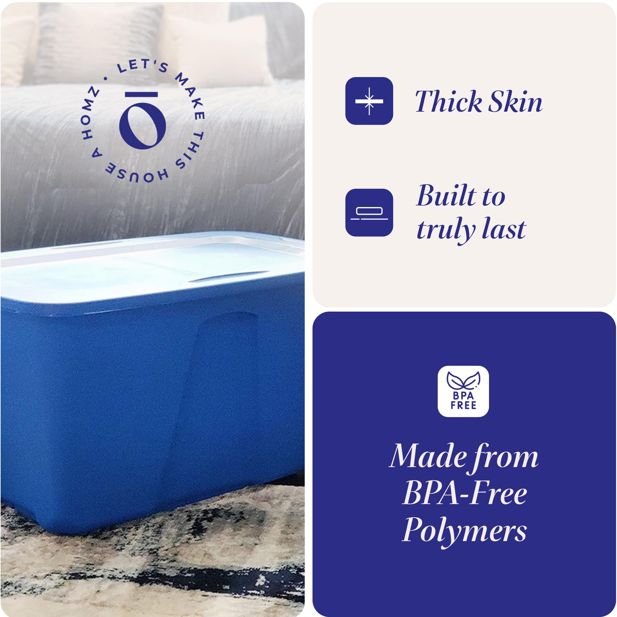 HOMZ 2-Pack Heavy Duty Plastic Storage Bins - 32 Gallon Organizing Containers for Home, Garage & Closet - Durable Stackable Blue Bins for Clothes, Toys & Seasonal Items Storage