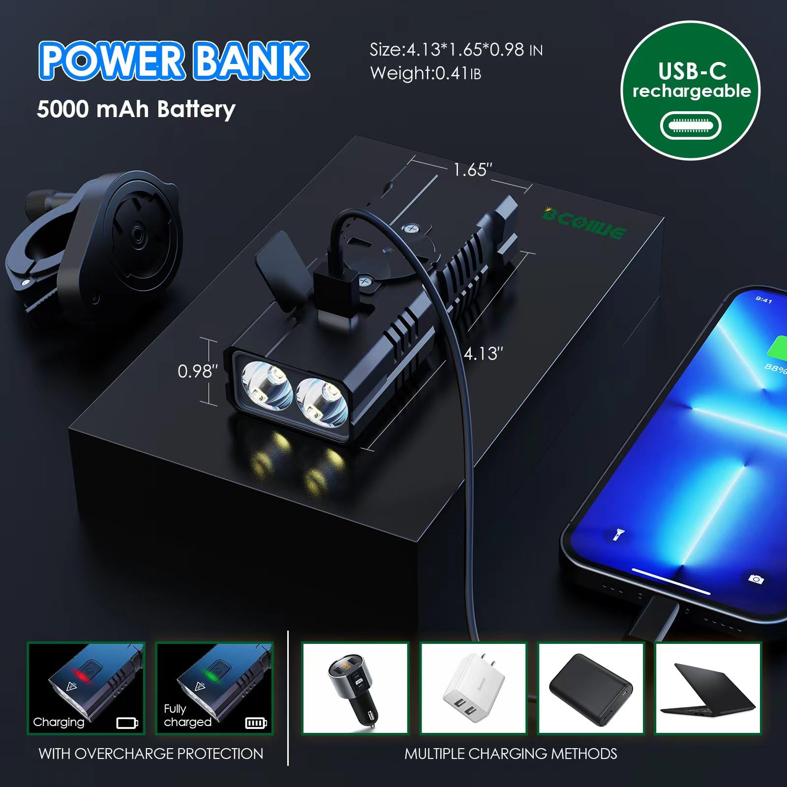 Super Bright 10000 Lumen Rechargeable Bike Headlight & 1200 Lumen Bicycle Tail Light - 3000mAh Battery for Night Cycling, Mountain Biking & Commuting