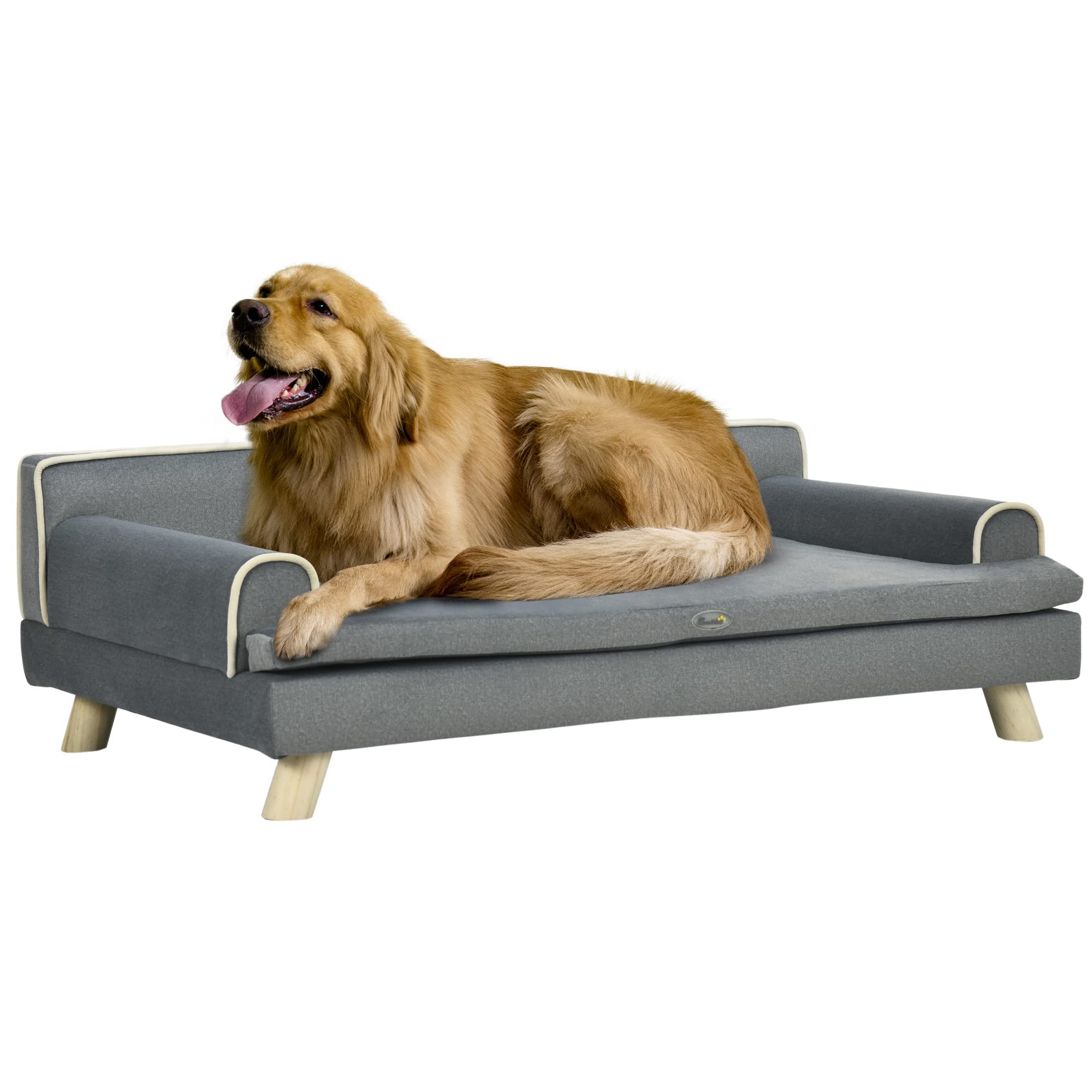 PawHut Large Dog Sofa with Washable Cover - Wooden Legs, Foam Cushion Pet Bed for Medium & Large Dogs - Gray - Perfect for Living Room, Bedroom & Pet-Friendly Spaces