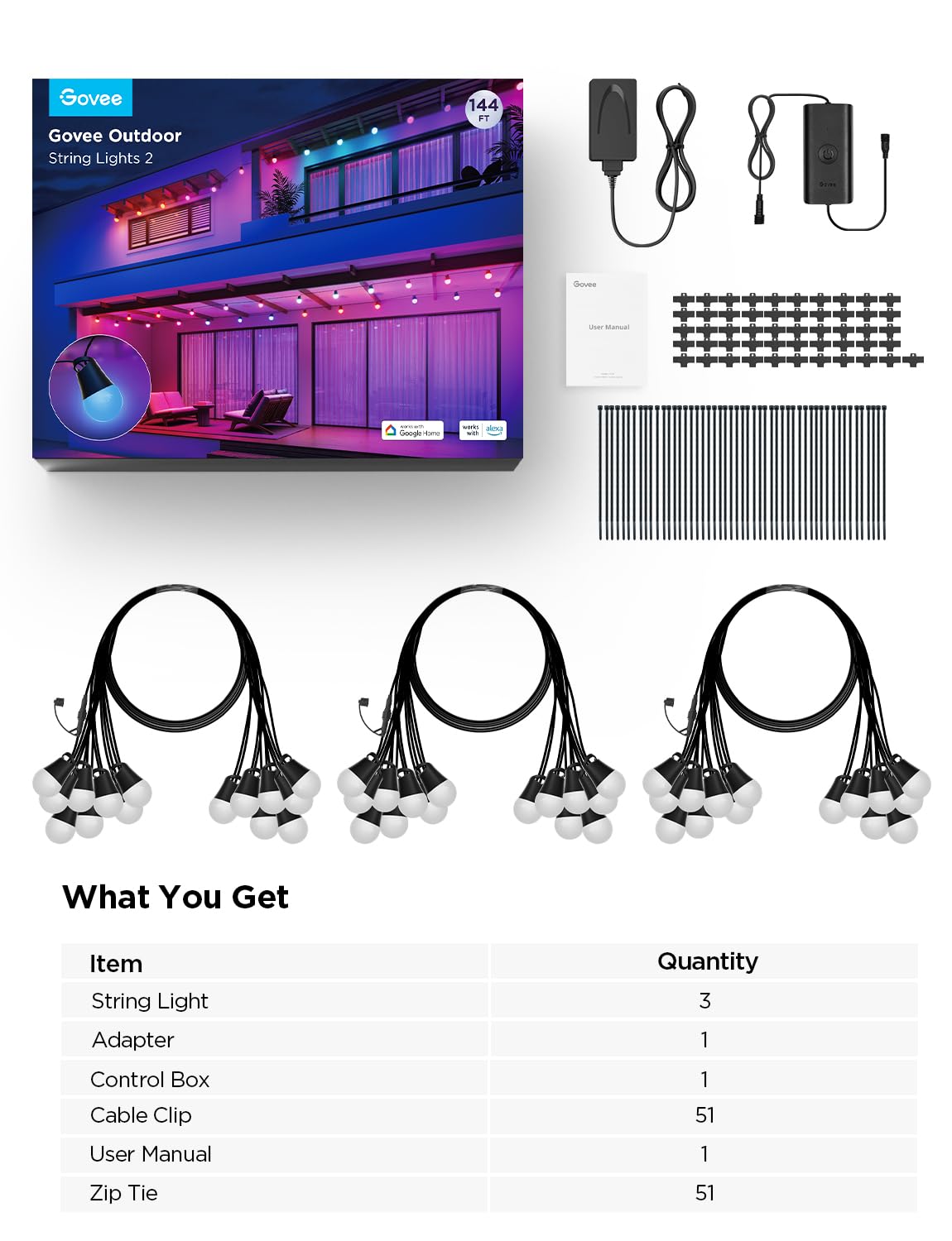 Govee 144ft Smart Outdoor String Lights with Dimmable Warm White LED Bulbs - 47 Scene Modes, IP65 Waterproof, Alexa & App Control - Perfect for Patio, Backyard, Balcony, Garden & Outdoor Parties