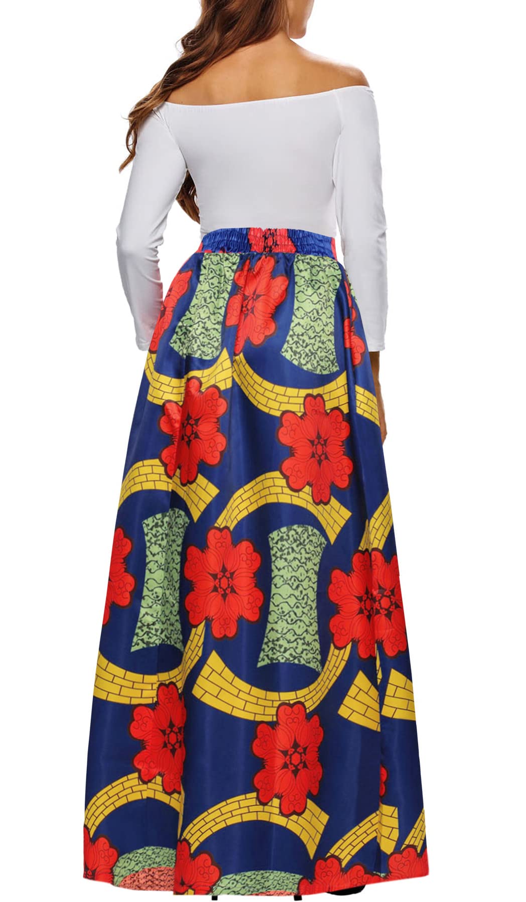 Afibi Women's African Print Maxi Skirt - Flared A-Line Long Skirt with Pockets (Sizes S-5XL) | Boho Chic Summer Dress for Beach, Vacation & Casual Wear