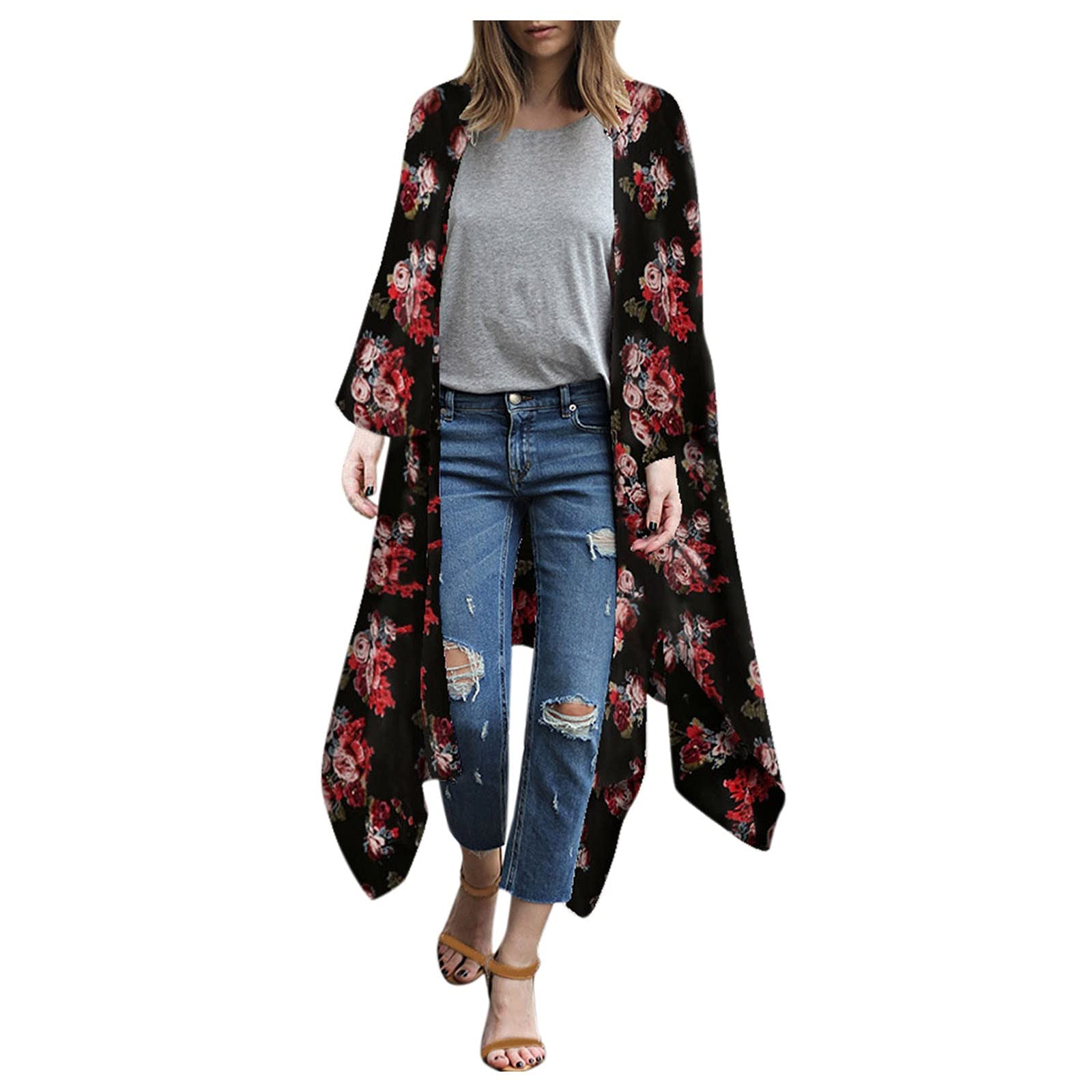 Elegant Floral Print Chiffon Women's Cardigan Blouse - Sun Protection, Plus Size, Retro Style - Perfect for Beach Cover-Up, Summer Outfits, and Casual Wear