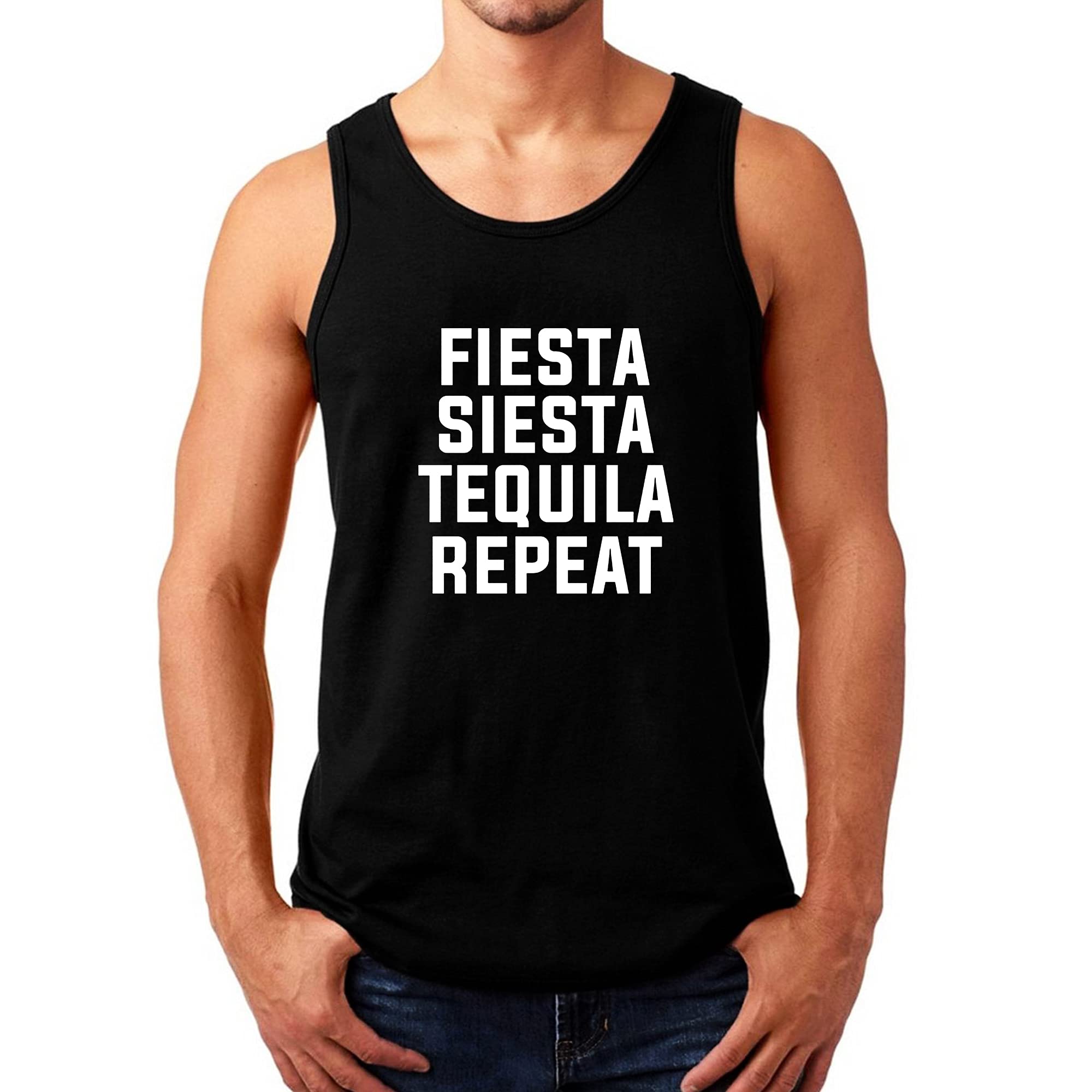 Funny Gym Tank Top for Men - Fiesta Siesta Tequila Repeat Novelty Workout Shirt - Breathable Cotton Fitness Apparel for Gym, Running & Casual Wear