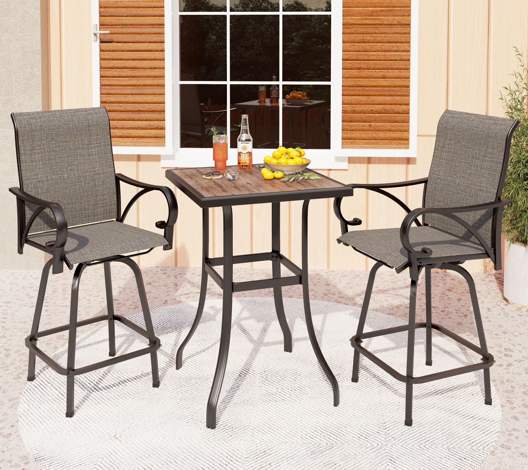 PHI VILLA 3-Piece Outdoor Patio Swivel Bar Set with 2 Textilene Bar Stools & Square Table - Garden, Lawn, Yard Bistro Furniture for Backyard, Poolside & Balcony Relaxation