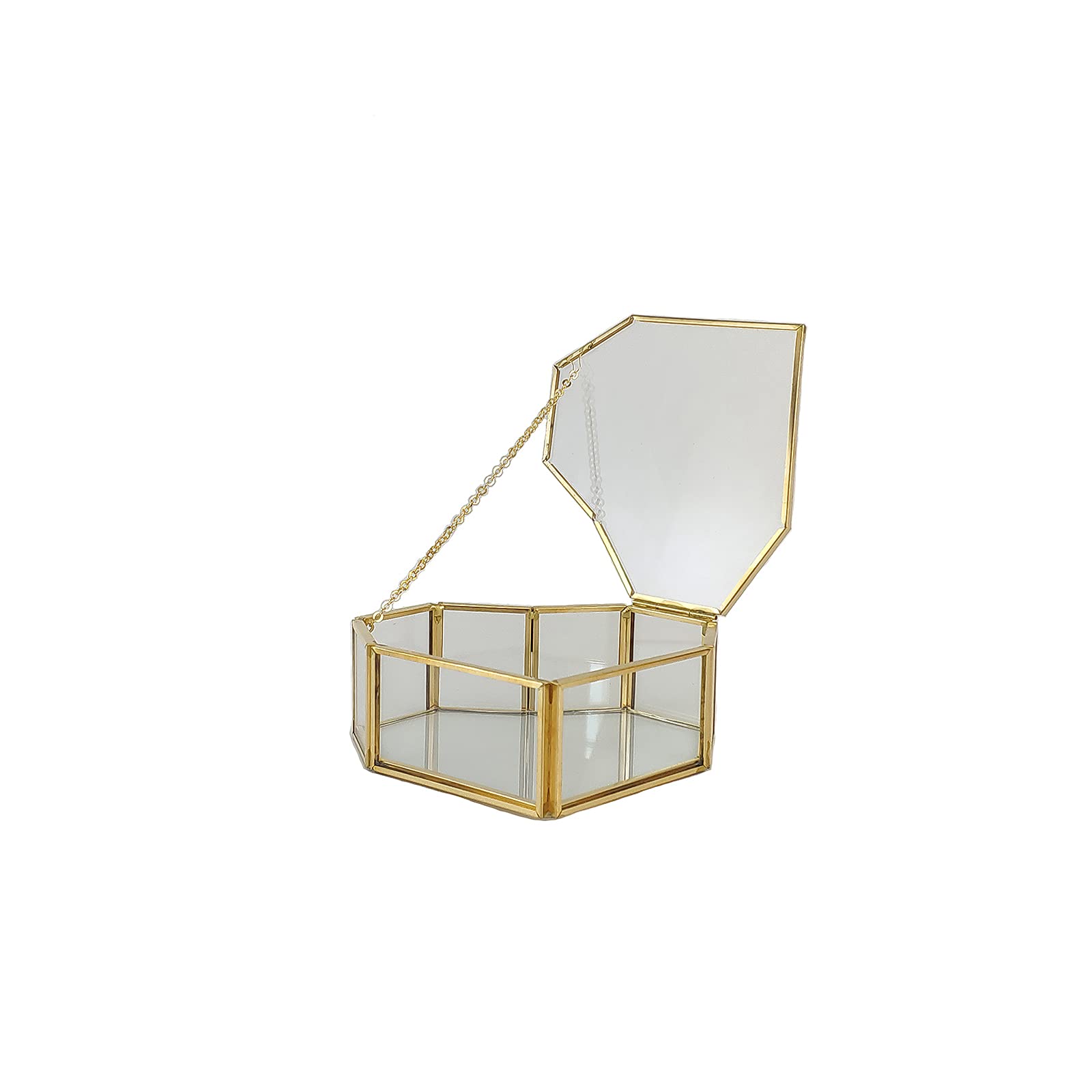 Vintage Heart-Shaped Glass Jewelry Box - Golden Geometric Organizer with Lid, Portable Terrarium Display Case for Rings, Necklaces & Earrings - Elegant Home Table Decor for Bedroom, Dresser & Vanity