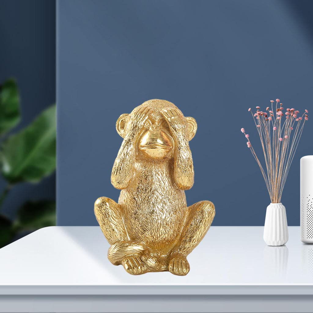 Handmade Resin Feng Shui Monkey Statue - Gold Chinese No Evil Monkey Figurine for Home Decor & Good Luck | Perfect for Living Room, Office & Gift Giving