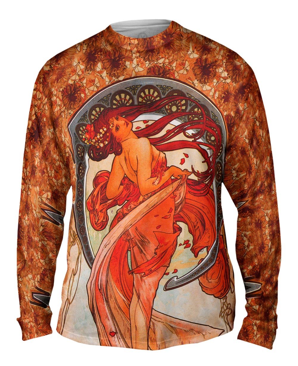 Yizzam Alphonse Mucha Dance 1898 Art Print T-Shirt - Men's Long Sleeve Vintage Graphic Tee for Casual Wear & Art Lovers