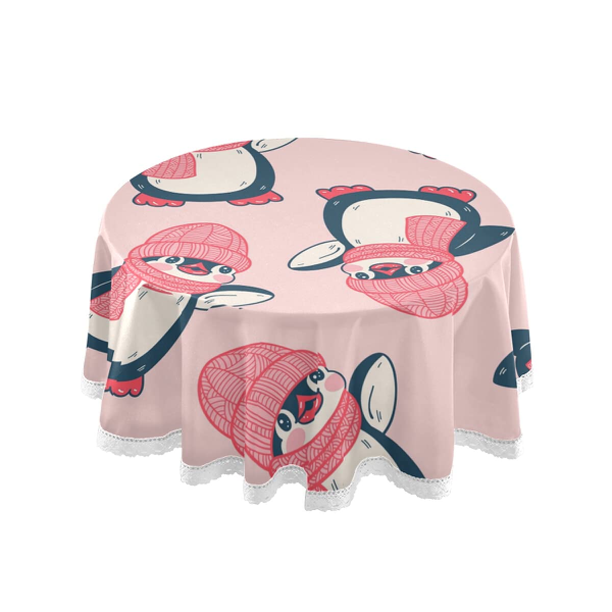 Cute Pink Penguins Round Tablecloth 60Inch Washable Lace Trim Table Cover for Party, Holidays, Dining Room, and Kids Birthday Decor