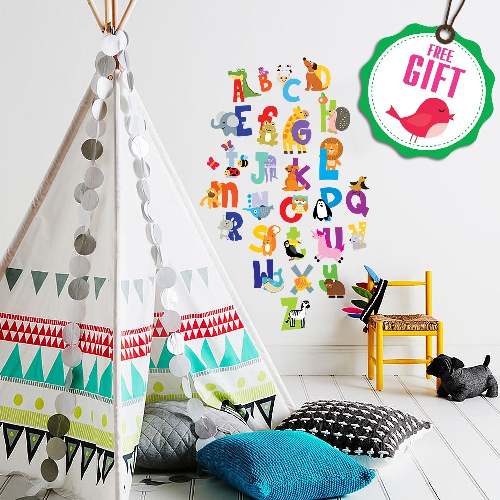 ABC Alphabet Stickers - Animal Themed Wall Decals for Kids Room & Classroom Decor - Reusable Letter Stickers with Free Gift - Perfect for Nursery, Playroom & Learning Spaces