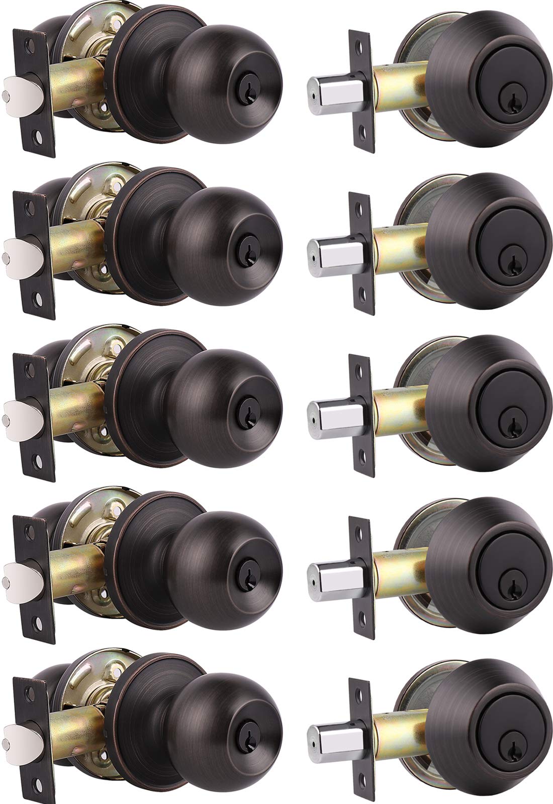 5 Pack Oil Rubbed Bronze Exterior Deadbolt & Door Knob Set - Keyed Alike Entry Door Lockset with Single Cylinder Deadbolt & OverCycles - Perfect for Home Security & Front Door Upgrade (Home Improvement)