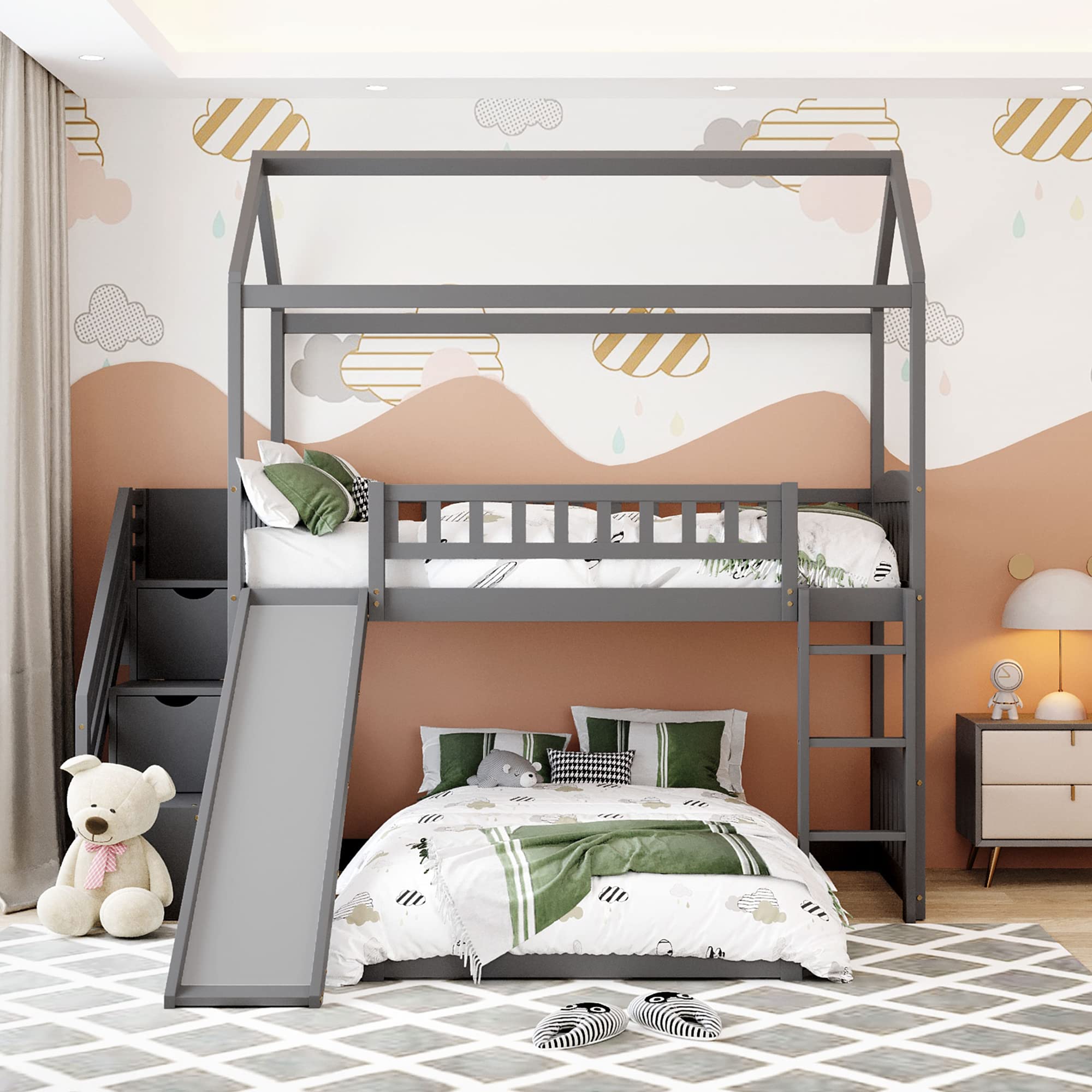 P PURLOVE Twin Over Twin Bunk Bed with 2 Drawers & Slide - Sturdy Wood House Bed for Kids, No Box Spring Needed, Space-Saving Gray Bunk Bed - Perfect for Small Bedrooms, Shared Kids' Rooms & Sleepovers