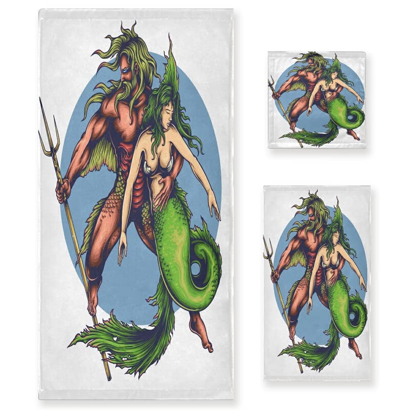 Premium Mermaid & Merman Bath Towel Set of 3 - Super Soft Luxury Cotton Towels for Bathroom, Kitchen, Hotel - Decorative Hand Towels & Washcloths for Beach, Gym, Spa - Neptune Gods Themed Collection