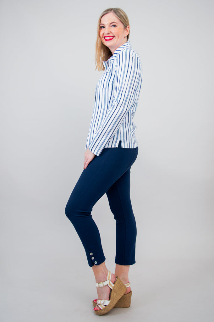 Lauren Jacket for Women - Indigo Stripe Linen Bamboo Blend Lightweight Cardigan - Perfect for Spring, Summer & Casual Office Wear