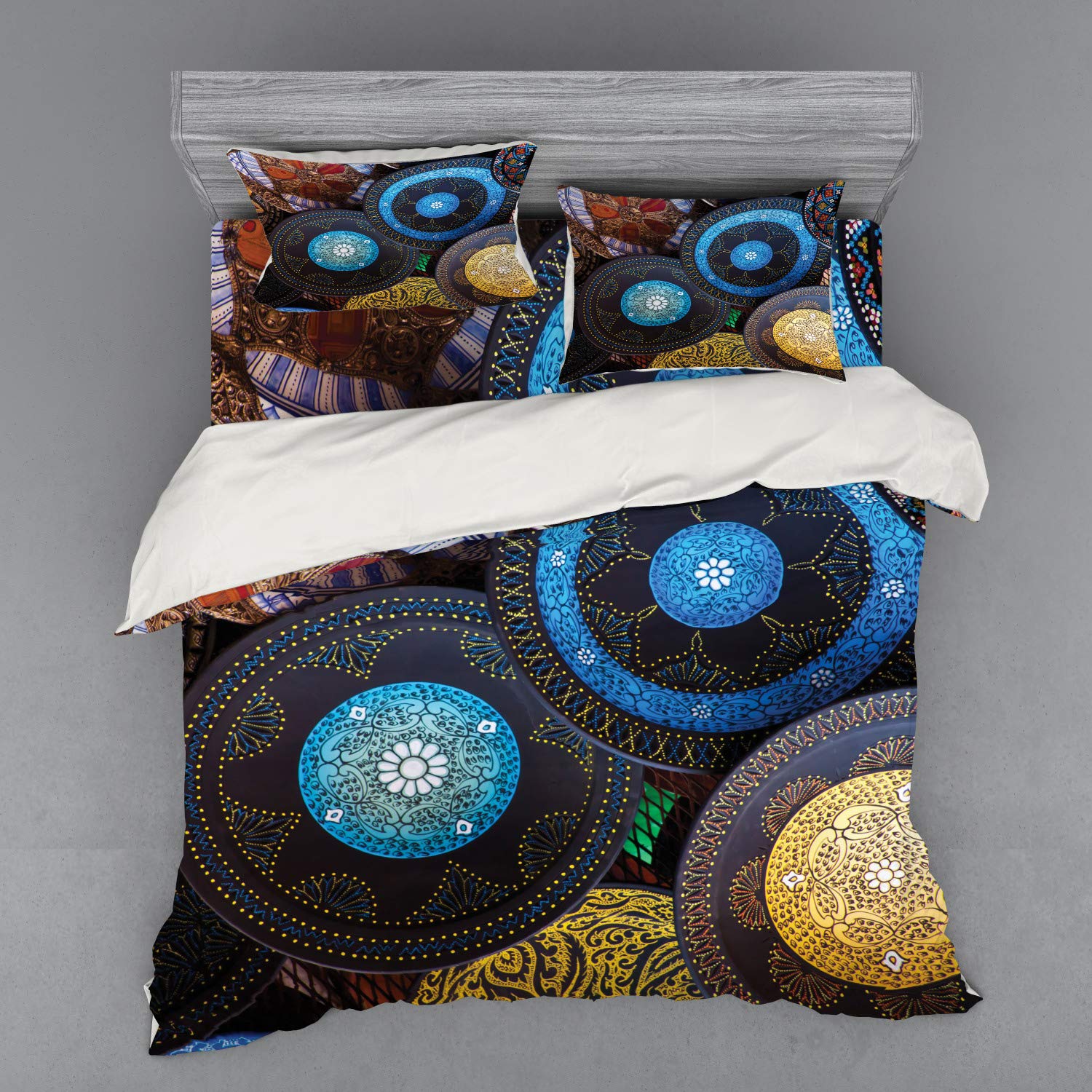 Ambesonne Moroccan Duvet Cover Set - 4 Piece King Size Bedding with Shams & Fitted Sheet, Handcrafted in Morocco with Traditional Antique Designs, Multicolor - Perfect for Bohemian Bedrooms, Guest Rooms & Vacation Homes