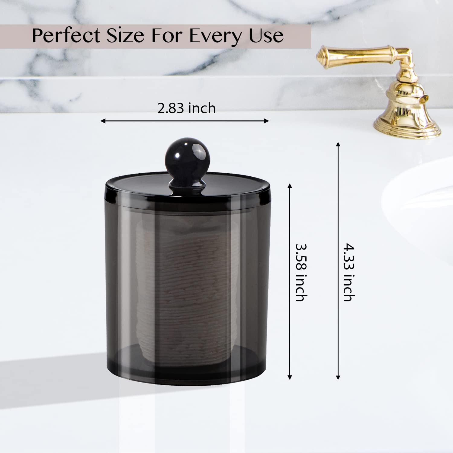 3 Pack Black Plastic Q-Tip Dispenser Apothecary Jars with Labels - Cotton Swab Holder & Storage Organizer for Bathroom, Vanity, Salon (Cotton Balls, Rounds, Floss Picks, Hair Clips & Ties) - Perfect for Countertop Organization and Travel Essentials
