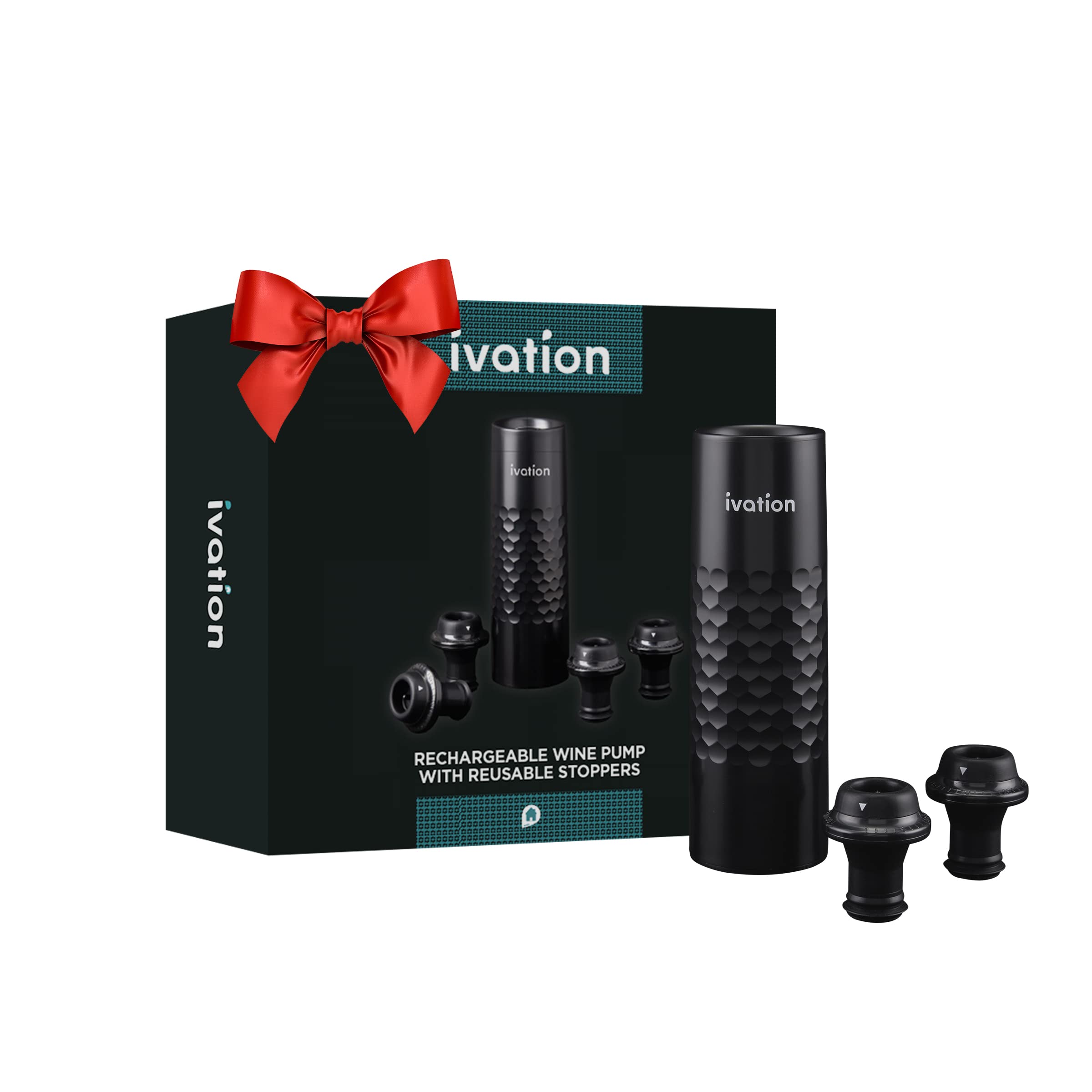 Ivation Rechargeable Wine Saver Pump with 4 Reusable Stoppers - 6-Piece Wine Preservation Kit with Automatic Vacuum Sealer & USB Charger - Perfect for Home Bars, Parties and Wine Storage