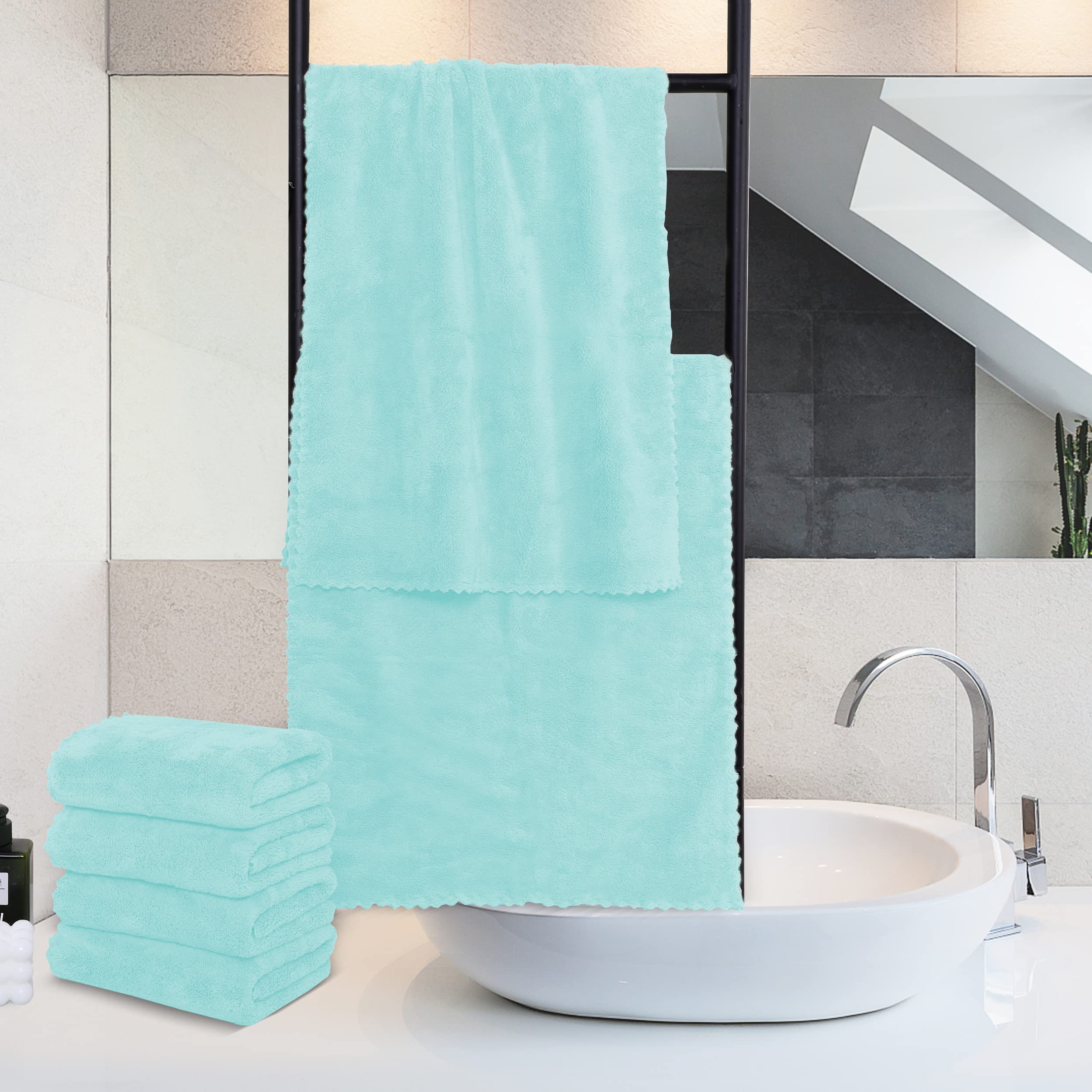 MOONQUEEN 6 Pack Premium Microfiber Hand Towels - Ultra Absorbent & Quick Drying Coral Velvet Bath Towels (16x28 Inches, Frozen Blue) - Perfect for Hotel, Bathroom, Shower, Spa & Gym Use