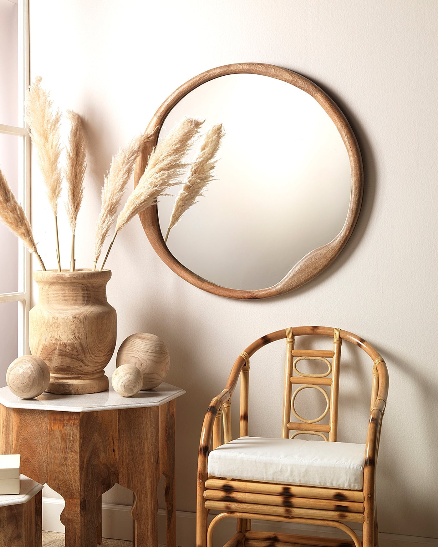 Stylish Round Wall Mirror - Organic Wood Frame, Decorative Home Decor for Living Room, Bedroom & Bathroom | Perfect for Modern & Boho Interiors