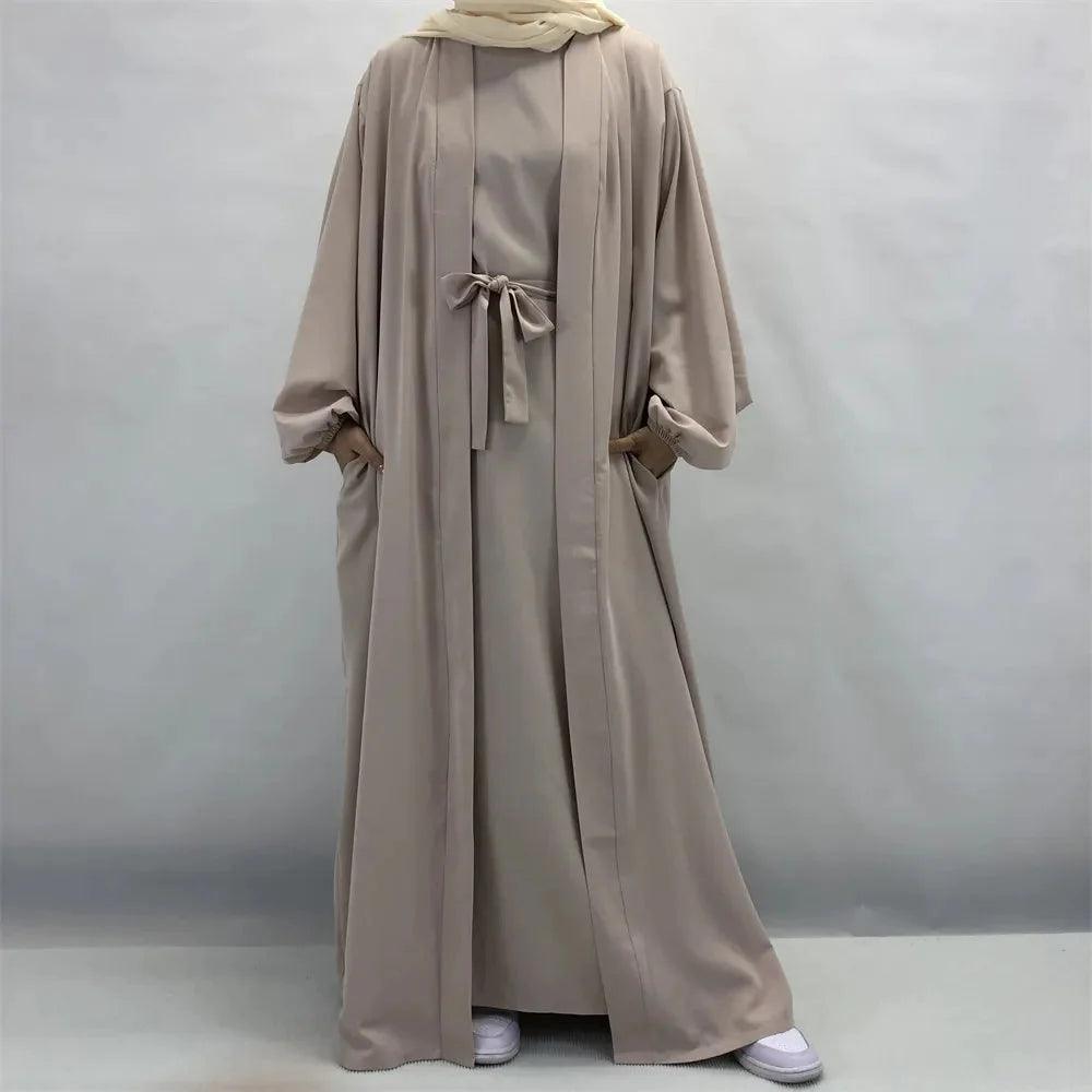 2 Piece Dubai Kimono Abaya Set for Women - Islamic Prayer Dress, Eid Outfit & Modest Fashion Wear - Perfect for Mosque, Special Occasions & Everyday Elegance
