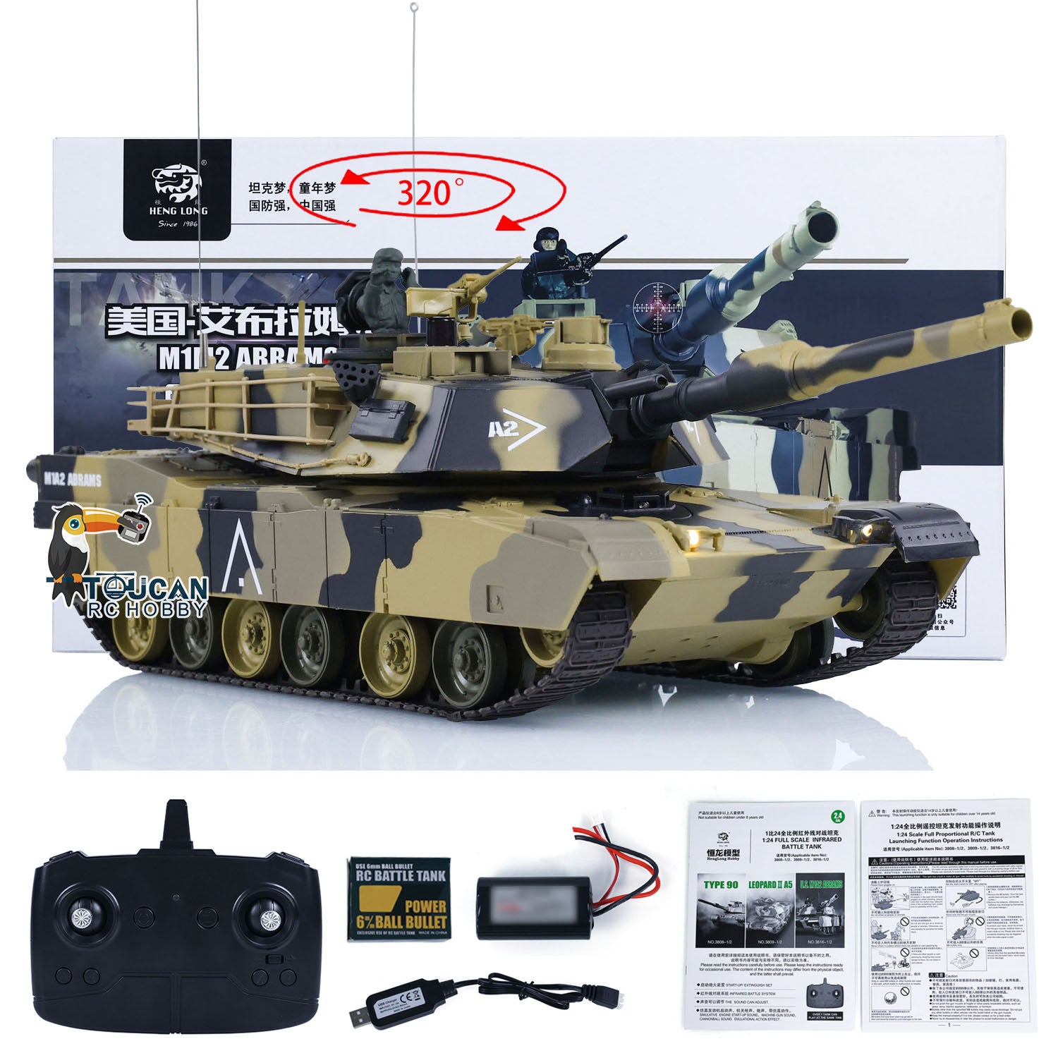 Heng Long 1/24 Scale RC Tank Abrams M1A2 3816 - 2.4GHz Remote Control Battle Vehicle, Realistic Military Panzer Simulation Model, Pre-Painted & Assembled - Perfect for Military Enthusiasts, Collectors and RC Battle Games
