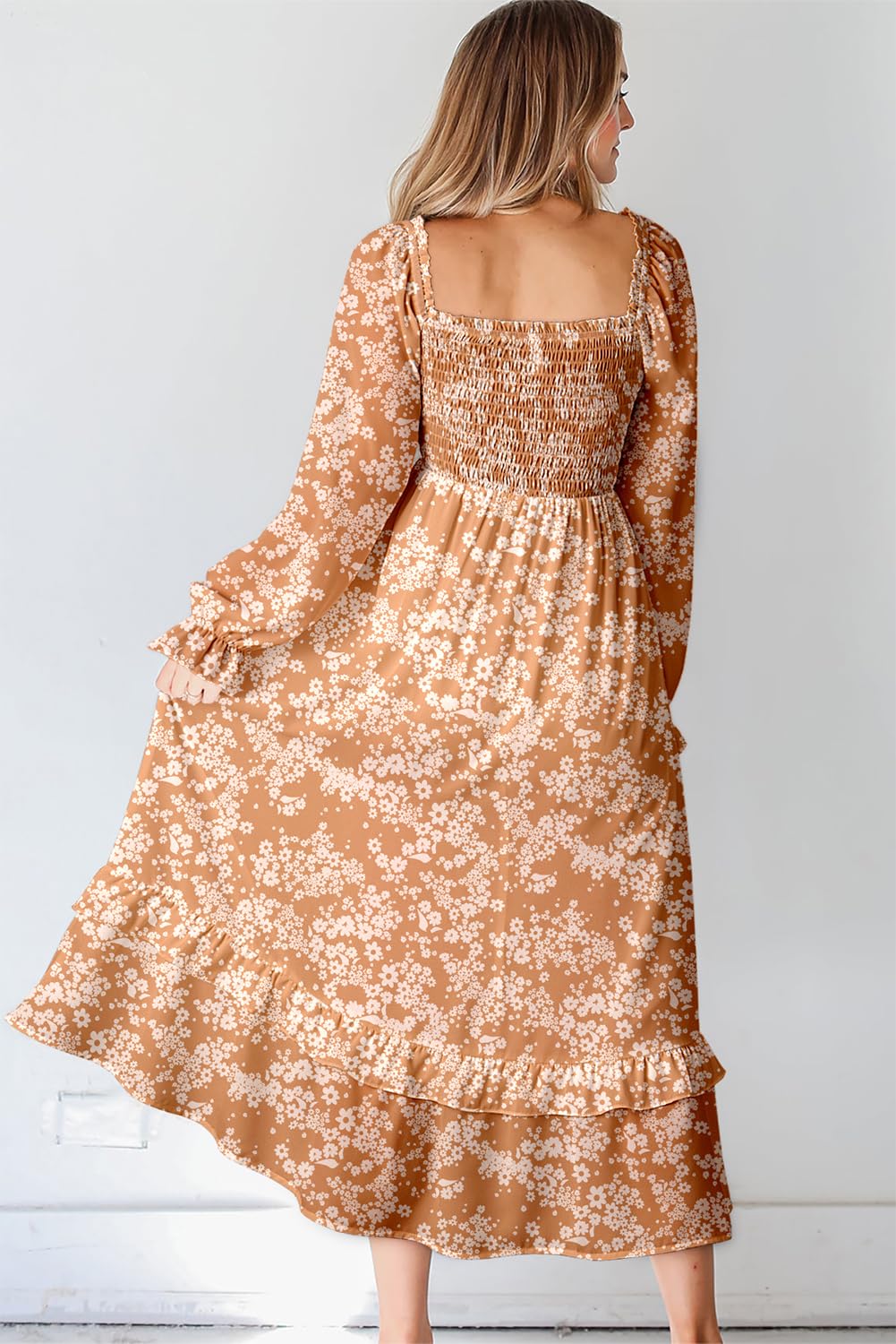 Dokotoo Women's Floral Maxi Dress with Square Neck, Long Sleeves & Smocked Waist - Casual Spring Tiered Ruffle Hem Dress for Outdoor Events, Date Nights & Vacation Wear