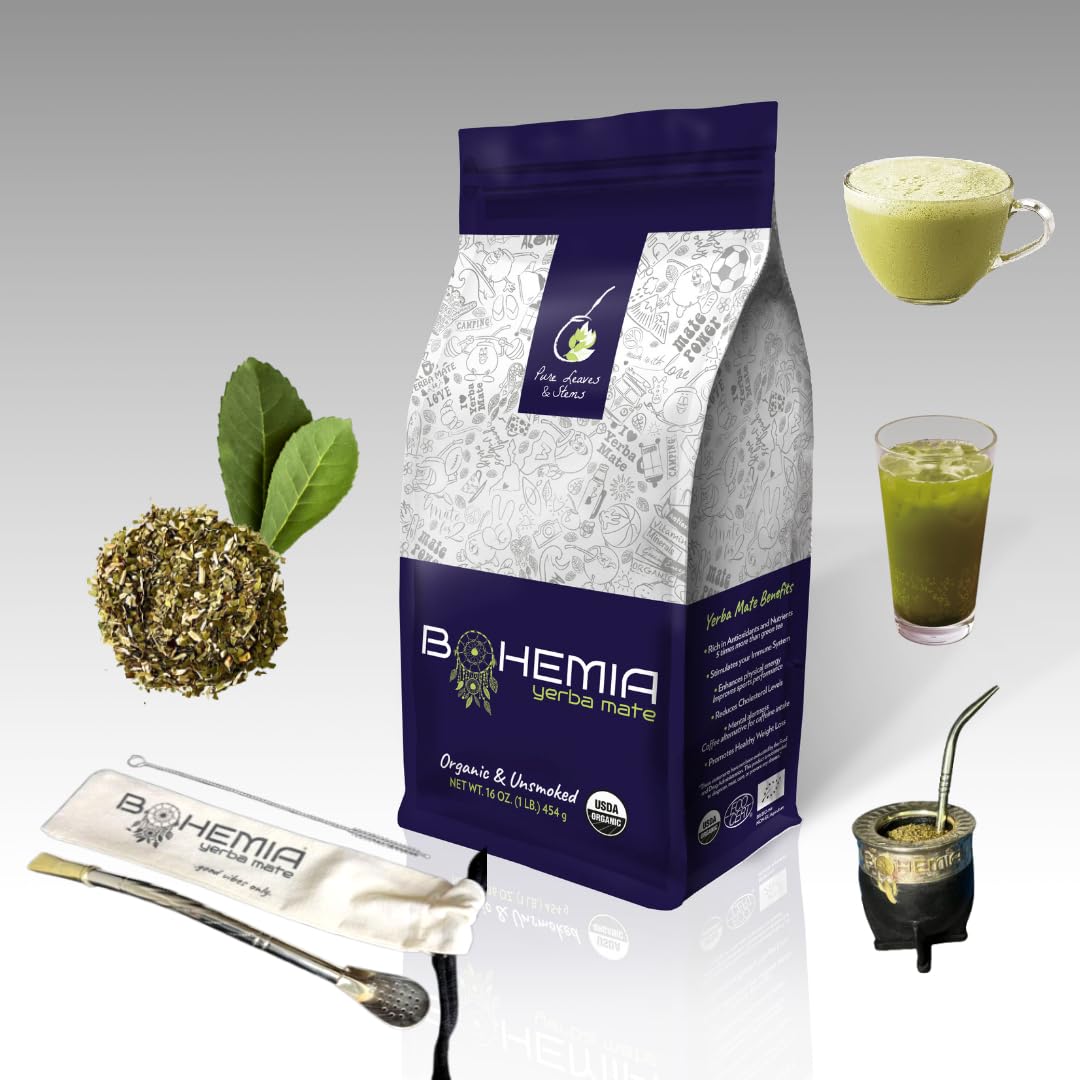Organic Yerba Mate Tea Set - 1lb Bag, Silver Straw & Brush - High Caffeine Energy Booster for Workouts & Focus