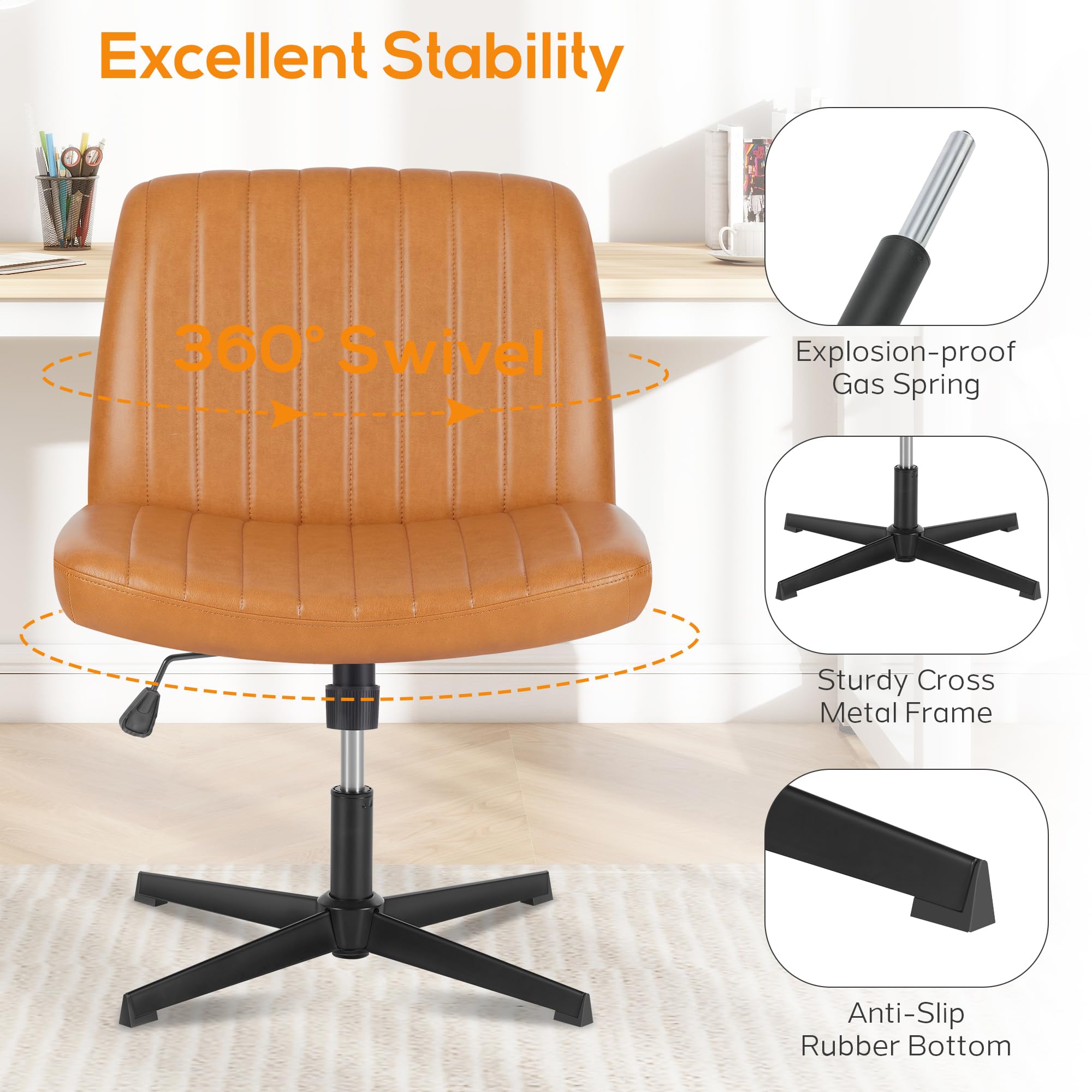 DUMOS Criss Cross Chair - Armless Office Desk Chair with Adjustable Height, No Wheels, Comfortable Task Seating for Home & Office - Perfect for Computer Work, Vanity Desk, and Study Areas