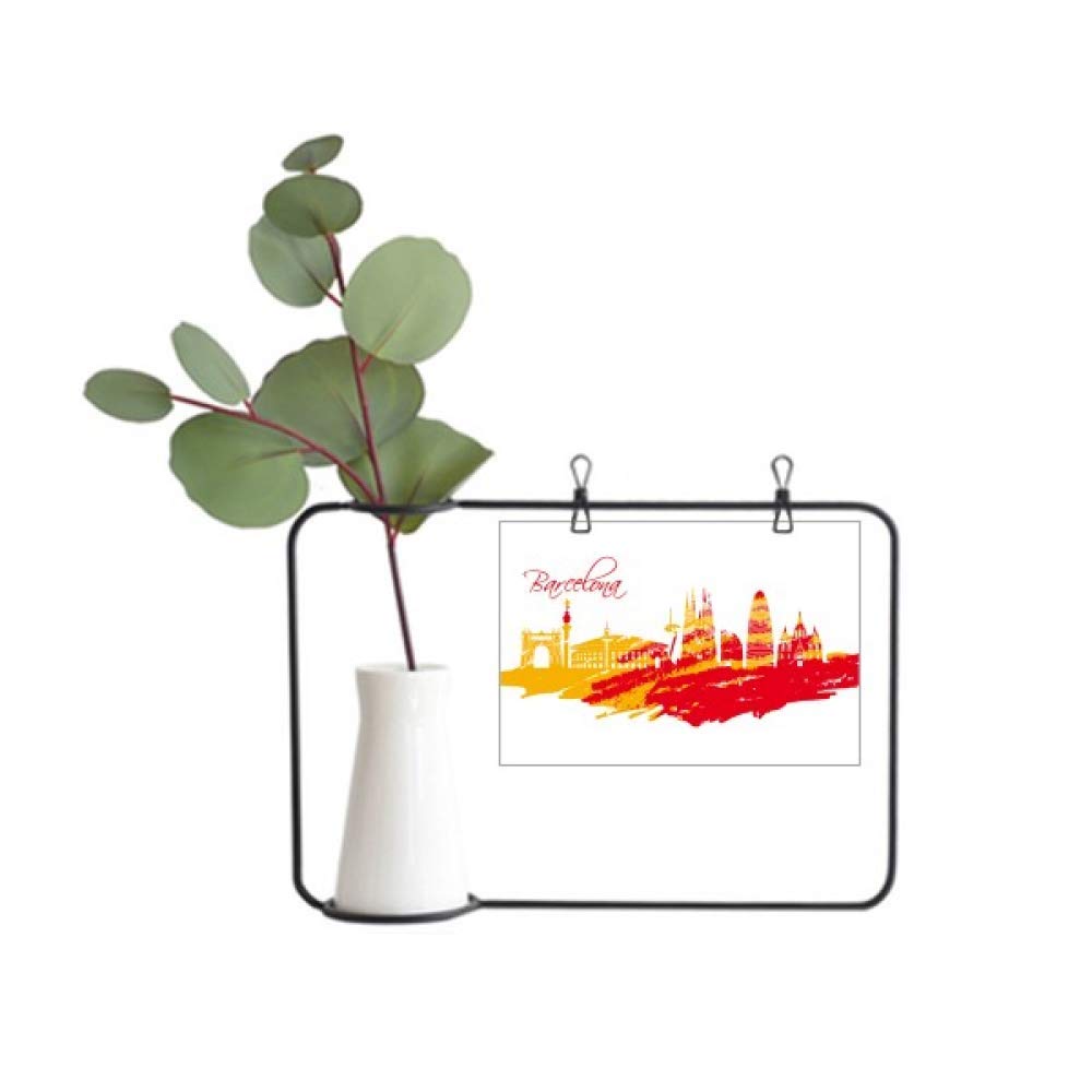 DIYthinker Barcelona Skyline Metal Picture Frame & Ceramic Vase Set - Red & Yellow City Silhouette Home Decor for Living Room, Office, Gift