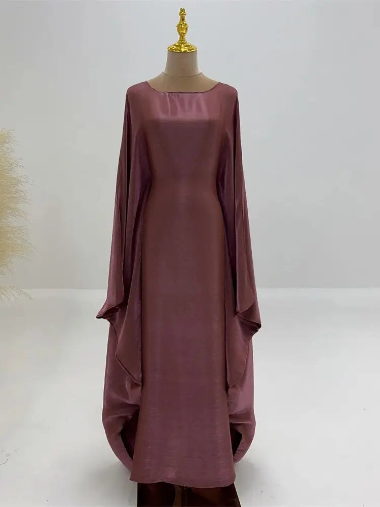 Elegant Batwing Sleeve Satin Abaya Dress for Women - Modest Muslim Prayer Dress for Eid, Wedding & Special Occasions