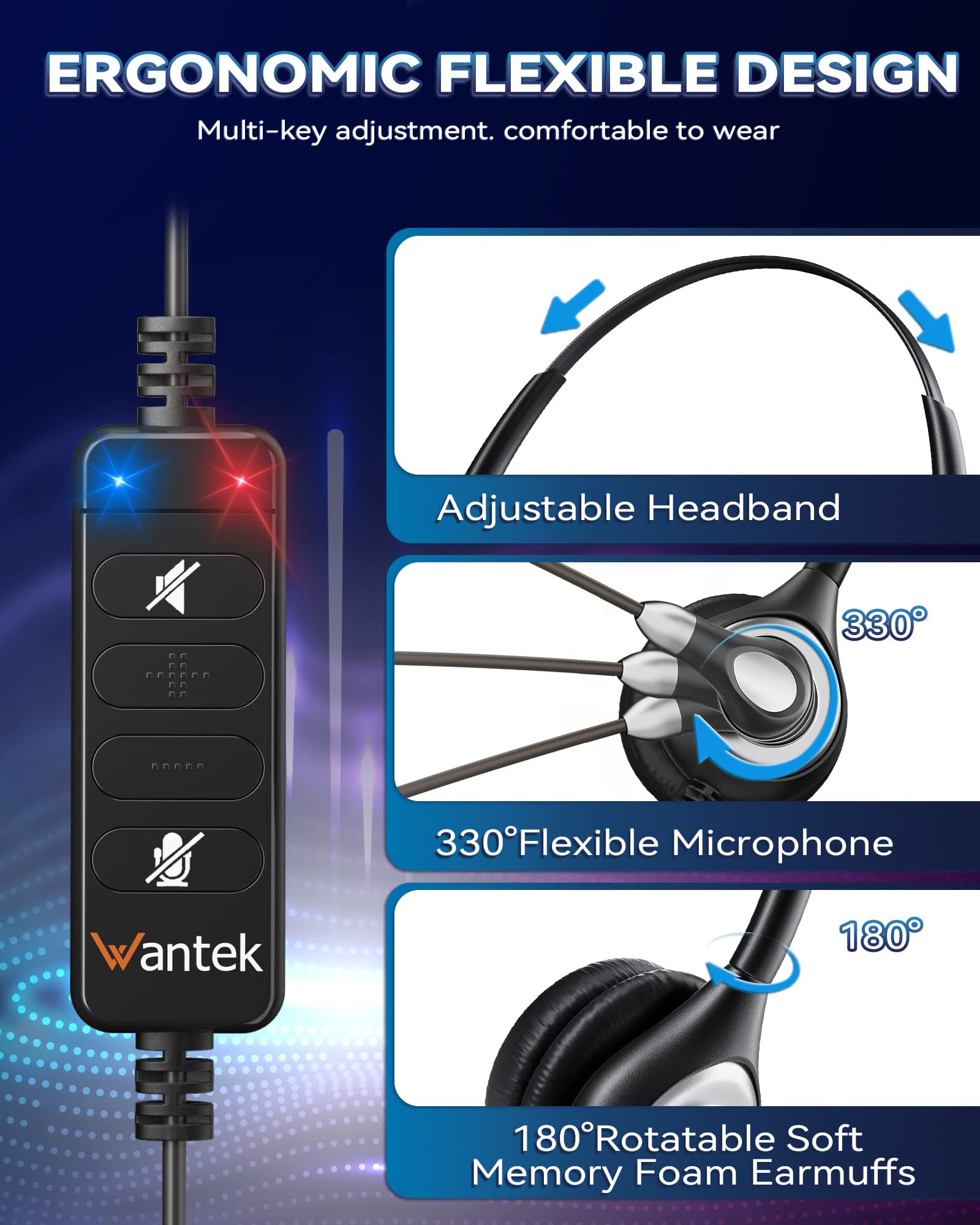 Wantek USB Headset with Noise-Canceling Microphone for PC - Wired Computer Headphones with In-Line Volume Control & Mute Button - Perfect for Zoom Meetings, Skype Calls, Webinars & Home Office Work