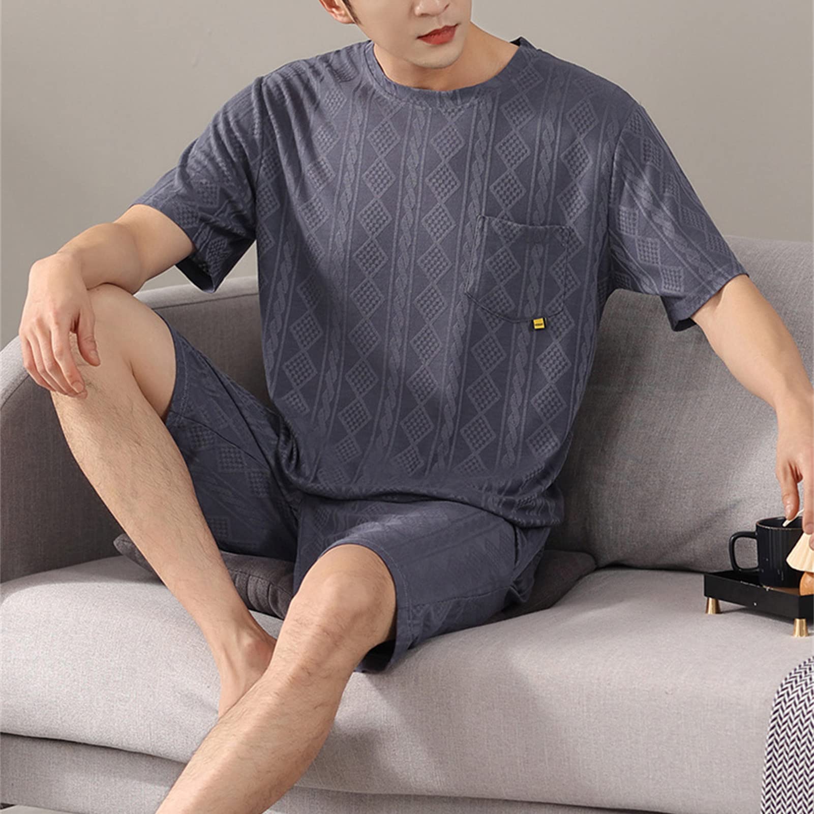 Men's Cotton Short Sleeve Pajama Set - Soft Summer Sleepwear & Lounge Outfit with Raglan Top & Shorts - Perfect for Nightwear, Home Relaxation & Vacation Comfort
