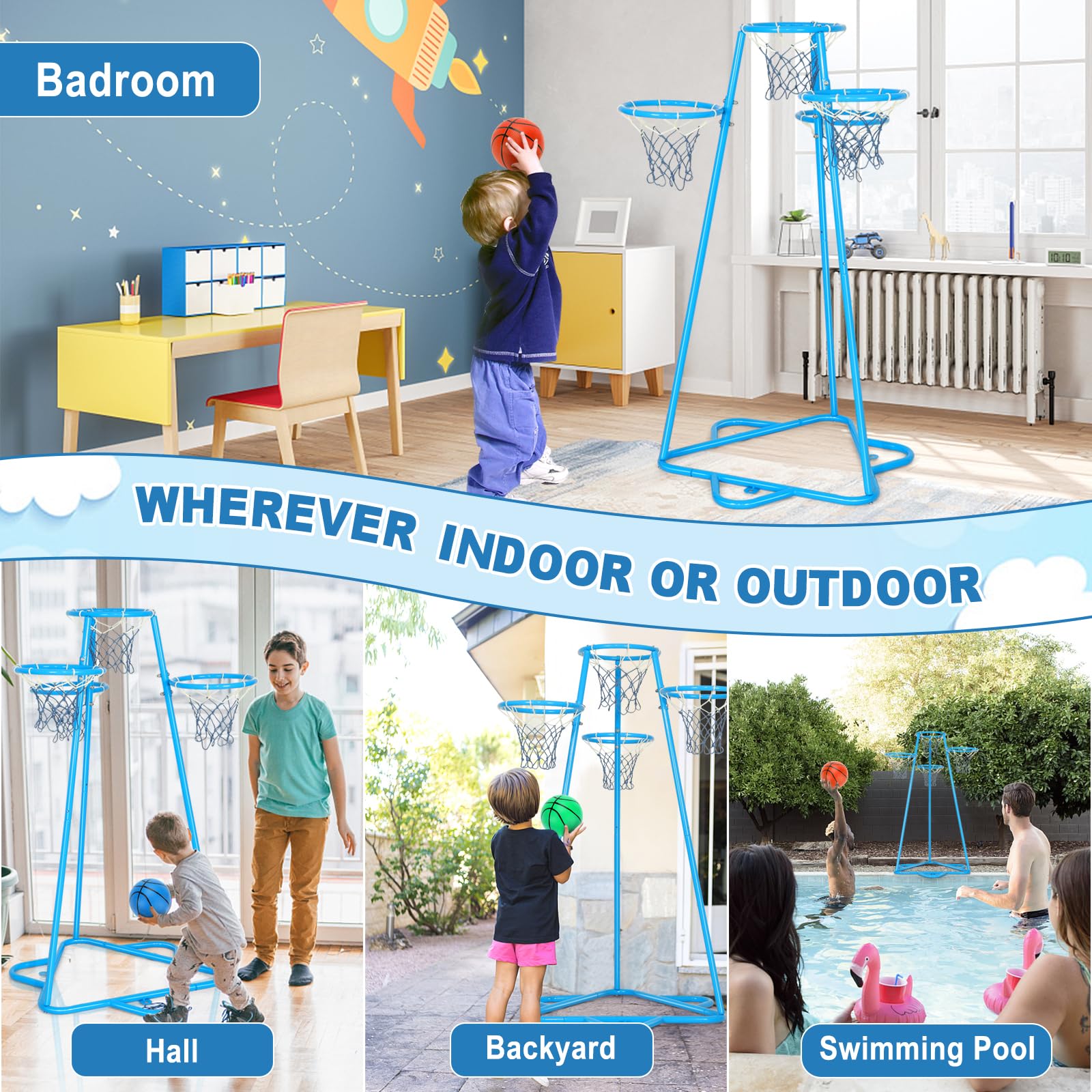 Portable Kids Basketball Hoop Stand - Adjustable Height Indoor/Outdoor Basketball Set with 4 Hoops & 3 Balls - Perfect Toy for Ages 3+ (Pale Blue) | Great for Backyard Play, Birthday Gifts & Preschool Sports Activities