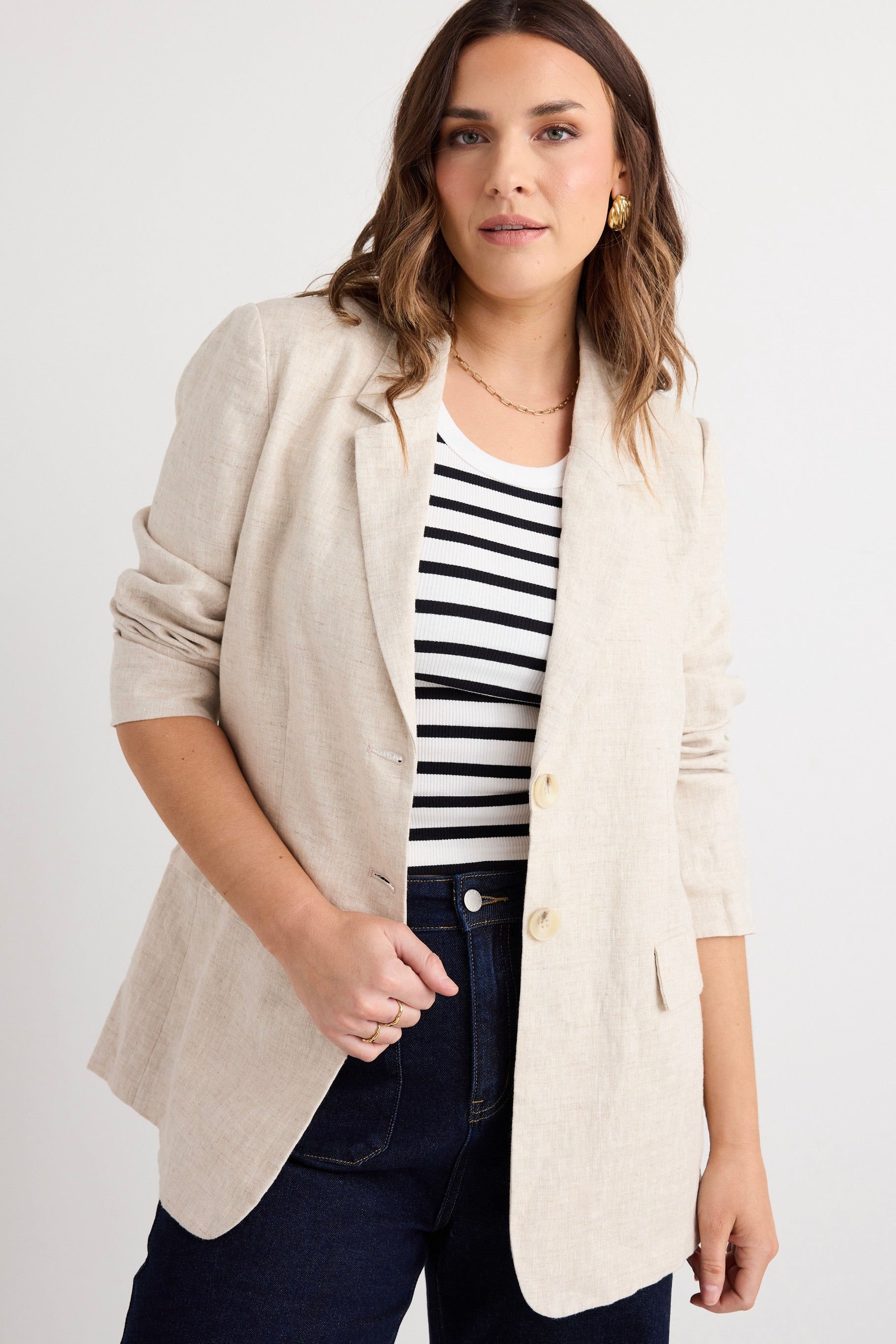 Aster Natural Linen Single Breasted Longline Blazer for Women - Lightweight Summer Office Jacket, Casual Workwear & Business Travel Outfit