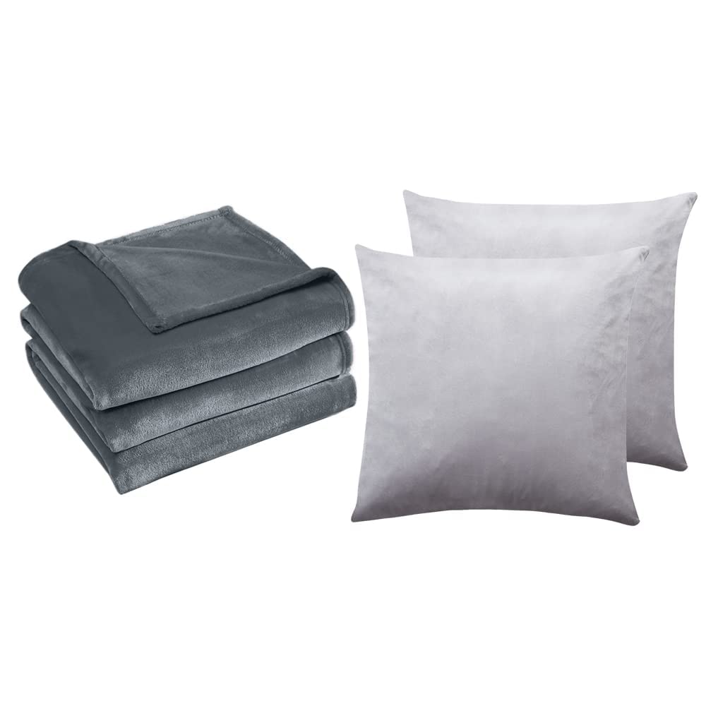 Premium Fleece Blanket King Size 108x90 Inches & Velvet Pillow Covers Set of 2 (20x20 Inches) - Soft Gray Blue Combo for Cozy Bedroom, Living Room or Gift