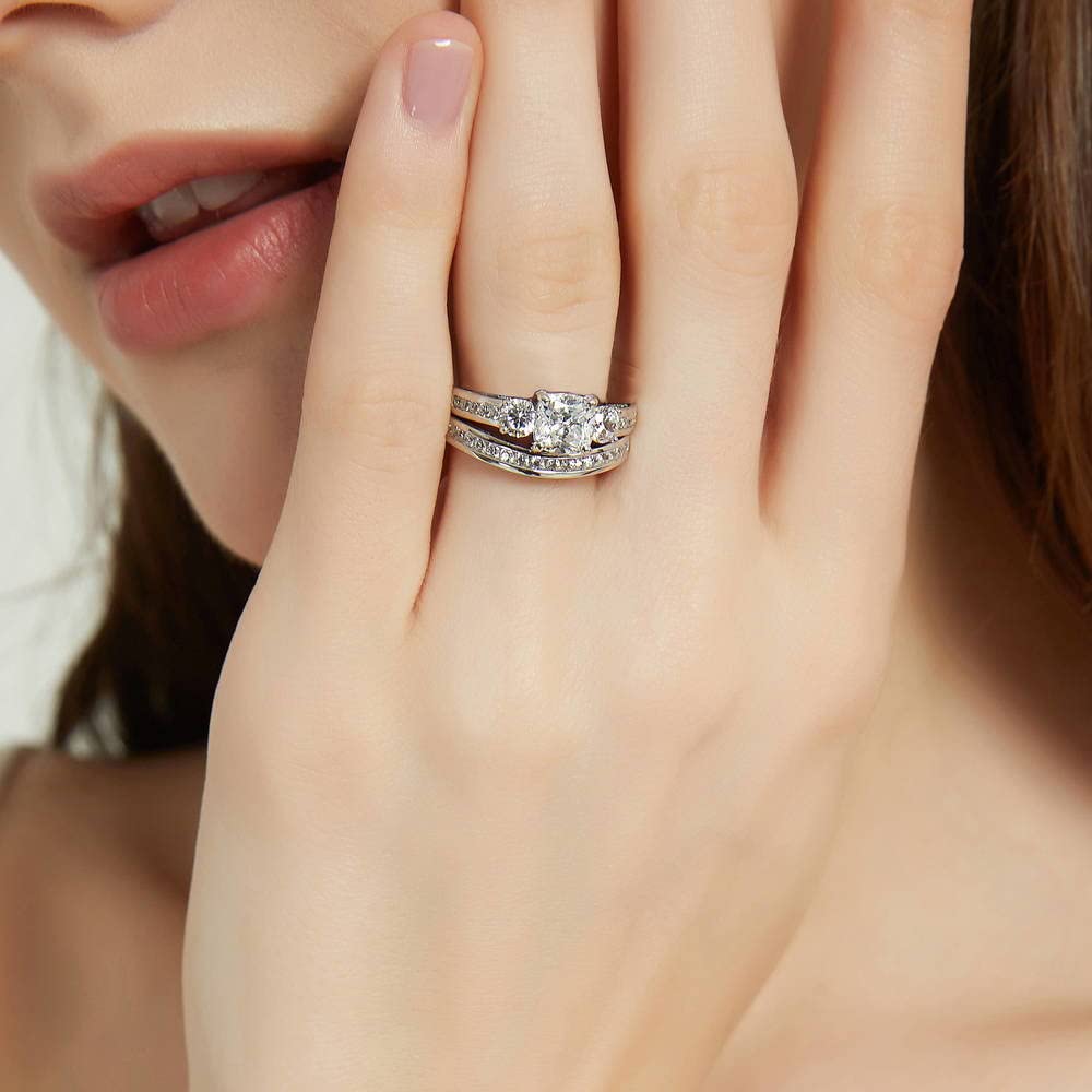 BERRICLE Sterling Silver 3-Stone Wedding & Engagement Ring Set - 1.5 Carat Cushion Cut Cubic Zirconia CZ for Women, Rhodium Plated, Size 4-10 | Perfect for Proposals, Anniversaries & Bridal Jewelry Gifts