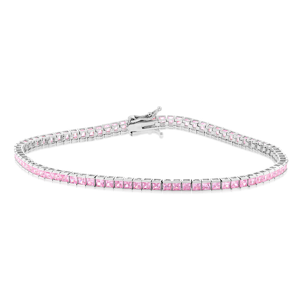 9ct White Gold 2mm Square Pink Cubic Zirconia Tennis Bracelet 19cm - Elegant Jewelry for Women, Perfect for Weddings, Parties & Special Occasions