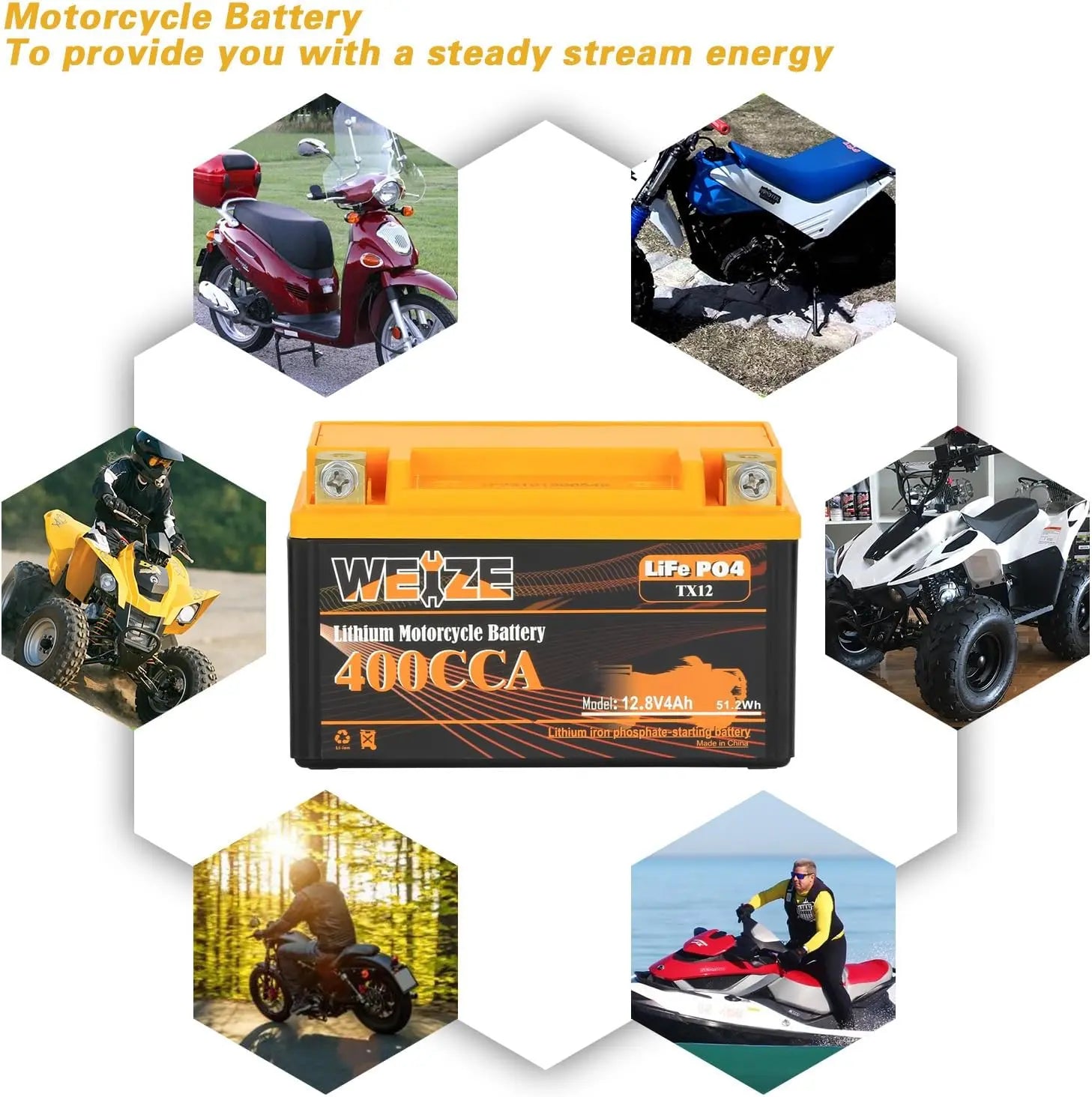 WEIZE 12V 4AH 400CCA LiFePO4 Lithium Motorcycle Battery - Lightweight & Long-Lasting Power for Harley, Honda, Yamaha & More - Perfect for Cruisers, Sport Bikes & Off-Road Adventures