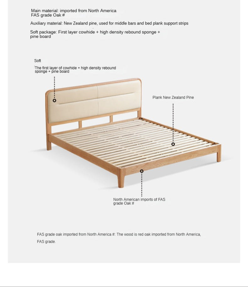 Solid Oak Wood Leather Upholstered Soft Bed - Queen Size, Modern Platform Bed Frame with Headboard for Bedroom, Living Room, Guest Room