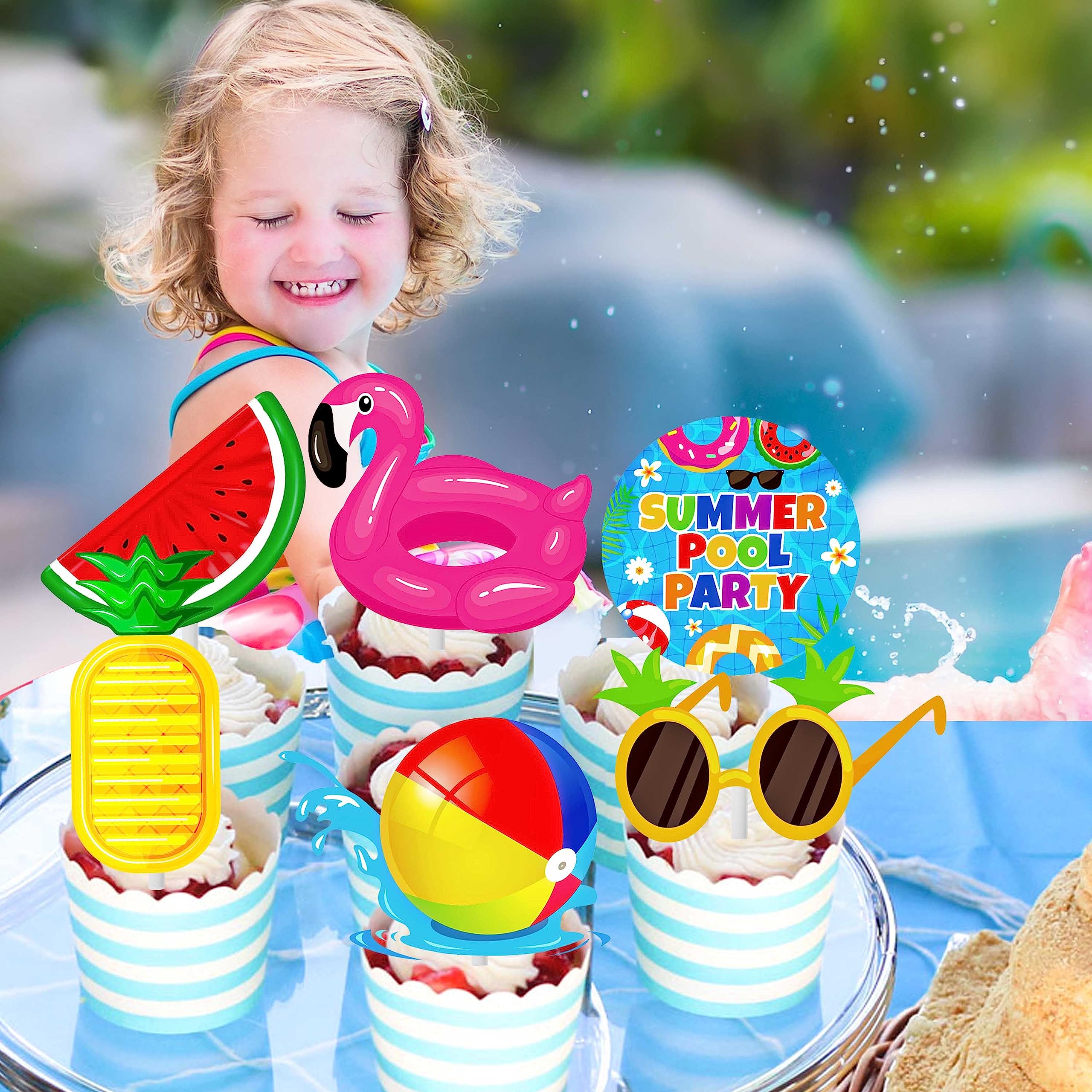 36pcs Summer Pool Cupcake Toppers Decorations - Tropical Beach Theme Party Supplies for Birthdays, Weddings, Baby Showers & Pool Parties - Perfect for Hawaiian Luau, Beach Bash & Summer Celebrations
