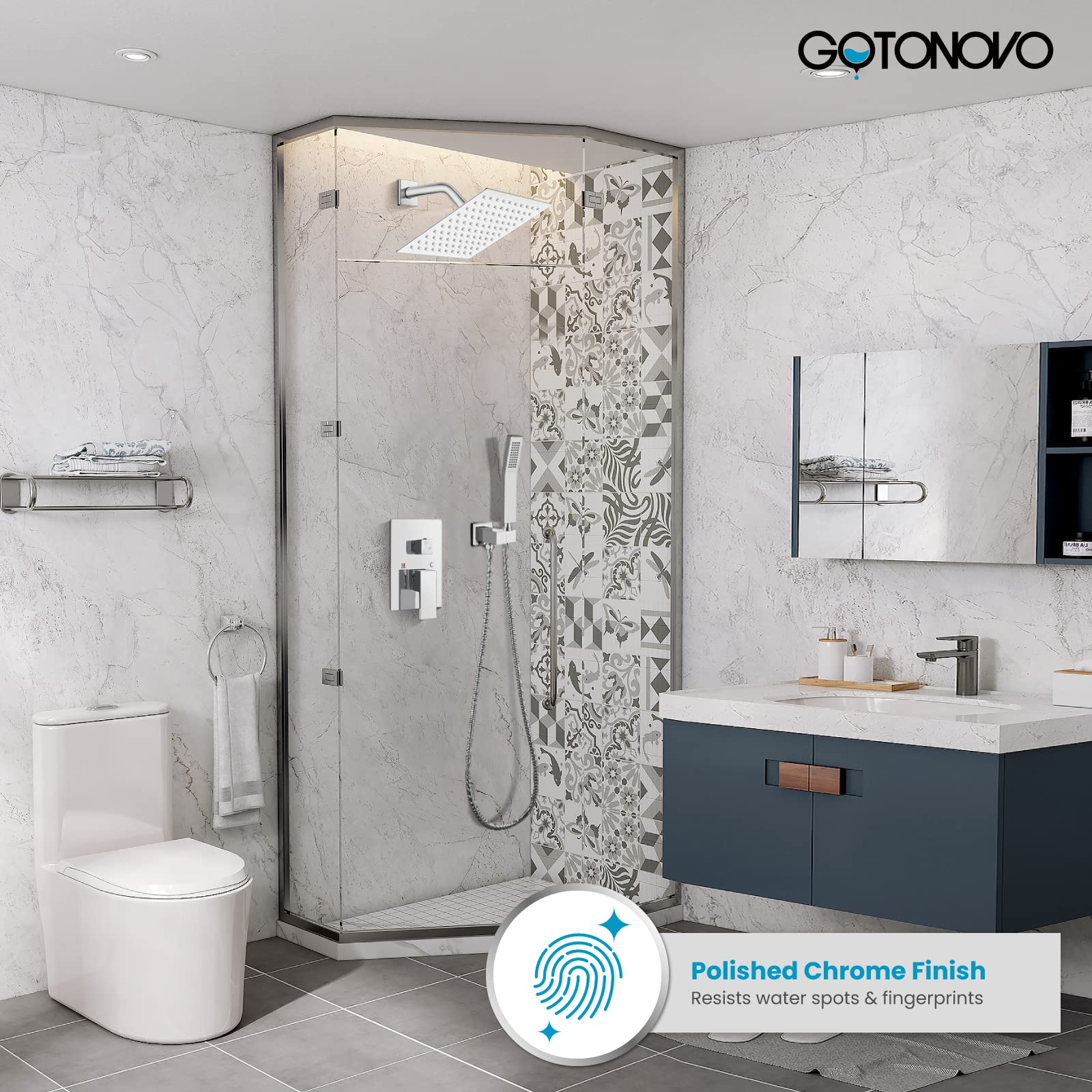 Gotonovo 8 Inch Rainfall Shower System - Wall Mounted Shower Head and Handle Combo with Solid Brass Pressure Balancing Mixer Valve in Polished Chrome - Perfect for Luxurious Spa-Like Bathroom Experience