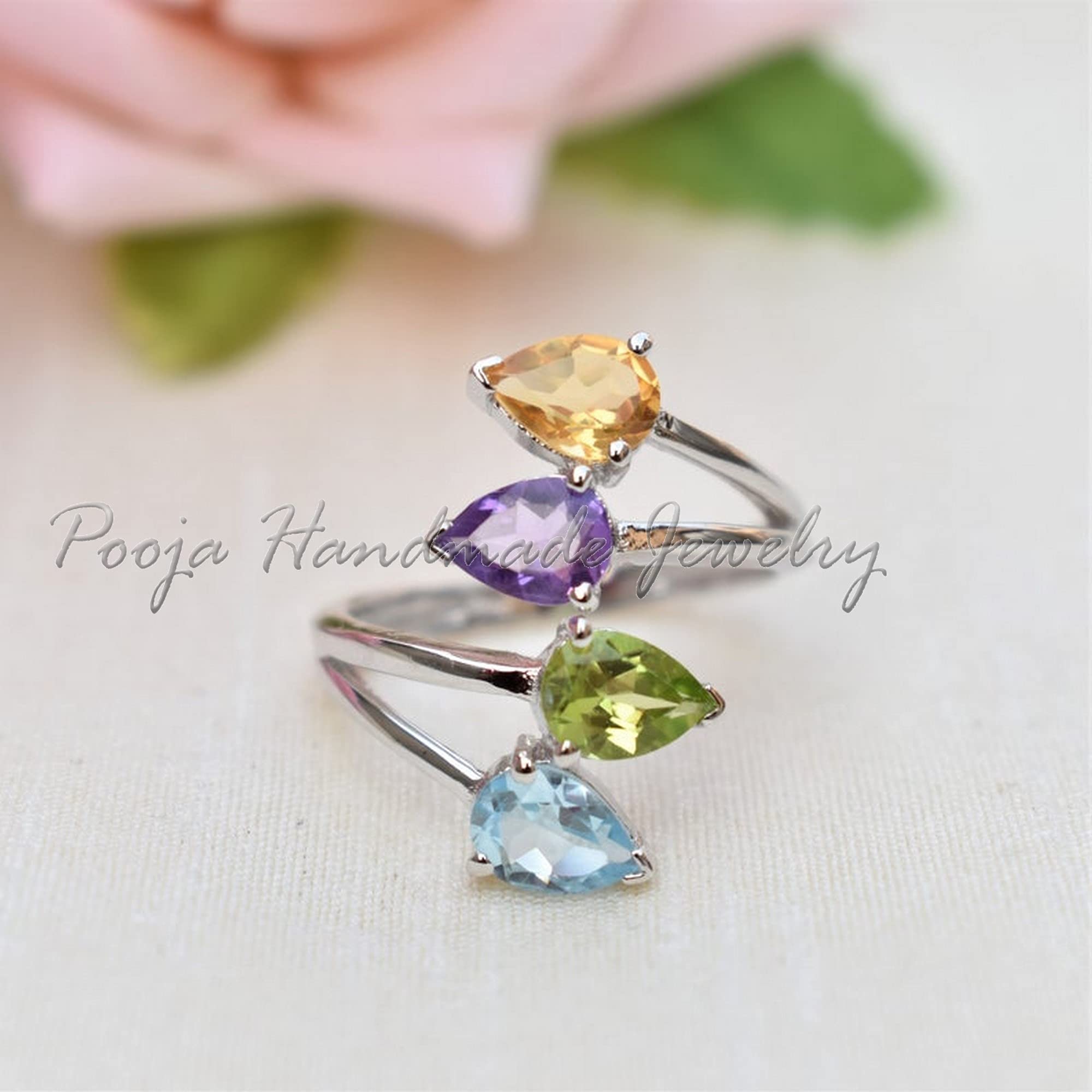 Multi Stone Ring - Blue Topaz Citrine Peridot Amethyst 925 Sterling Silver Handmade Spiral Ring | Engagement Jewelry, Wedding Gift for Her, Dainty Statement Piece | Perfect for Anniversaries, Date Nights & Special Occasions