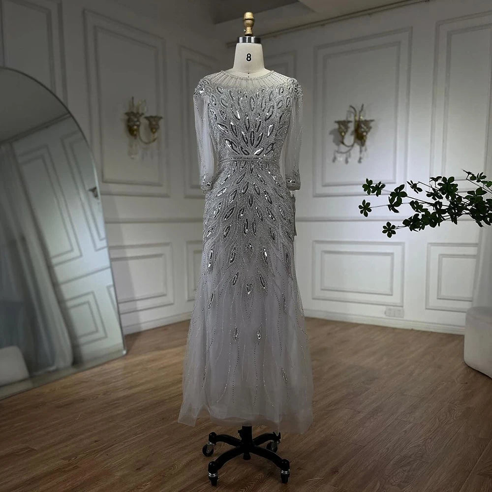 Luxury Arabic Silver White Beaded Evening Gown for Women - Elegant Ankle-Length Dubai Style Dress for Wedding, Party & Special Occasions | LA71999S | Perfect for Red Carpet Events & Formal Gatherings