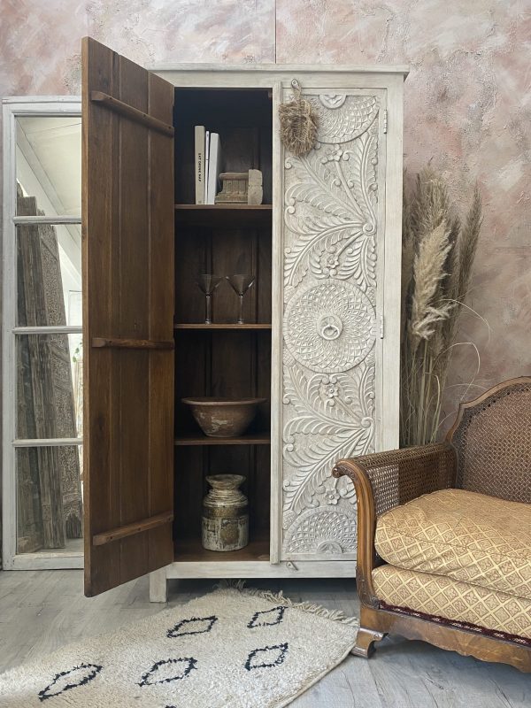 Hand Carved Wooden Armoire - White Indian Wardrobe for Bedroom & Living Room Storage | Traditional Handcrafted Wood Closet Organizer