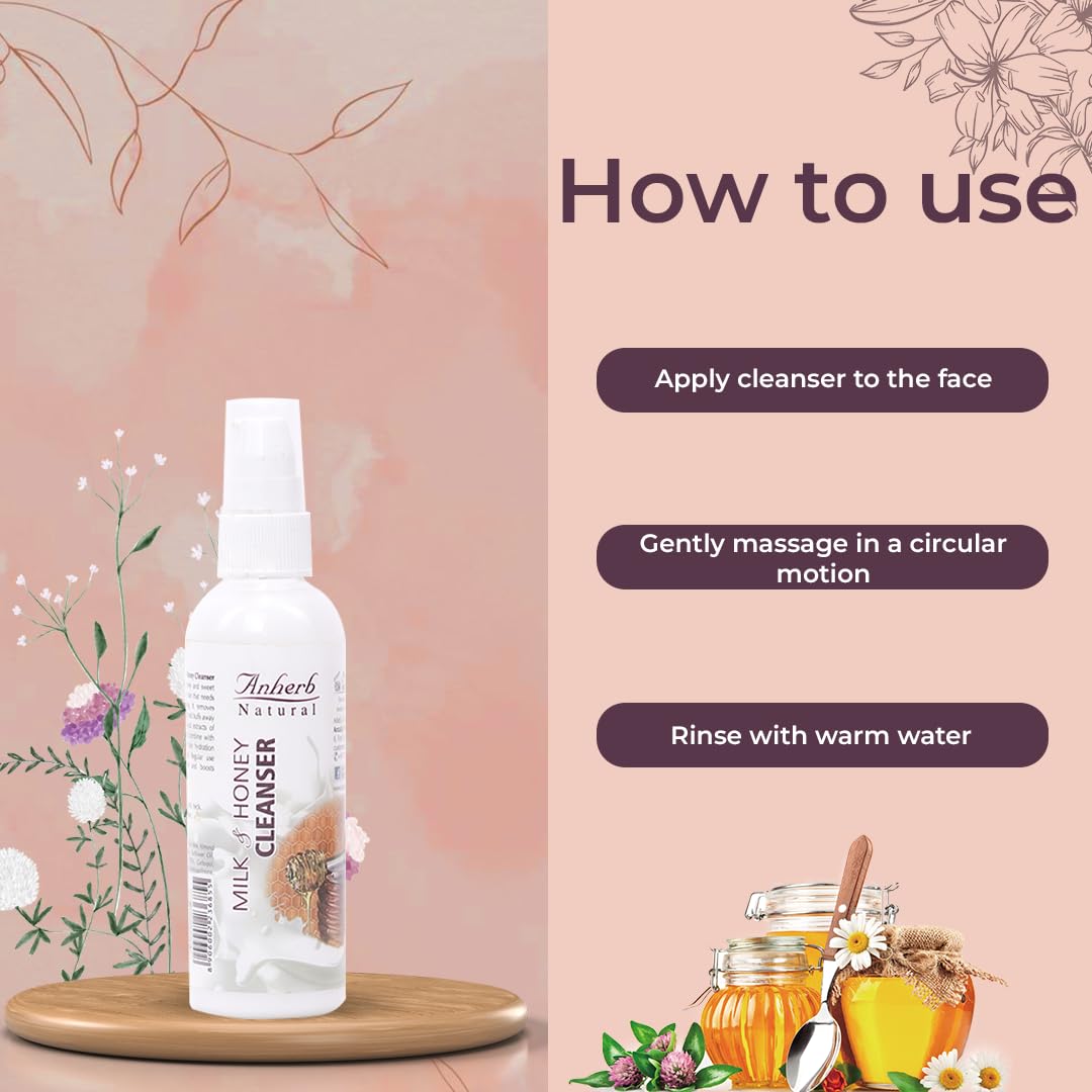 Anherb Natural Milk & Honey Facial Cleanser for Dry Skin - Gentle Face Wash with Almond Oil, Aloe Vera & Honey | Deep Cleansing, Moisturizing & Nourishing | Removes Impurities & Makeup | 100g (Pack of 1) | Perfect for Daily Skincare Routine & Travel
