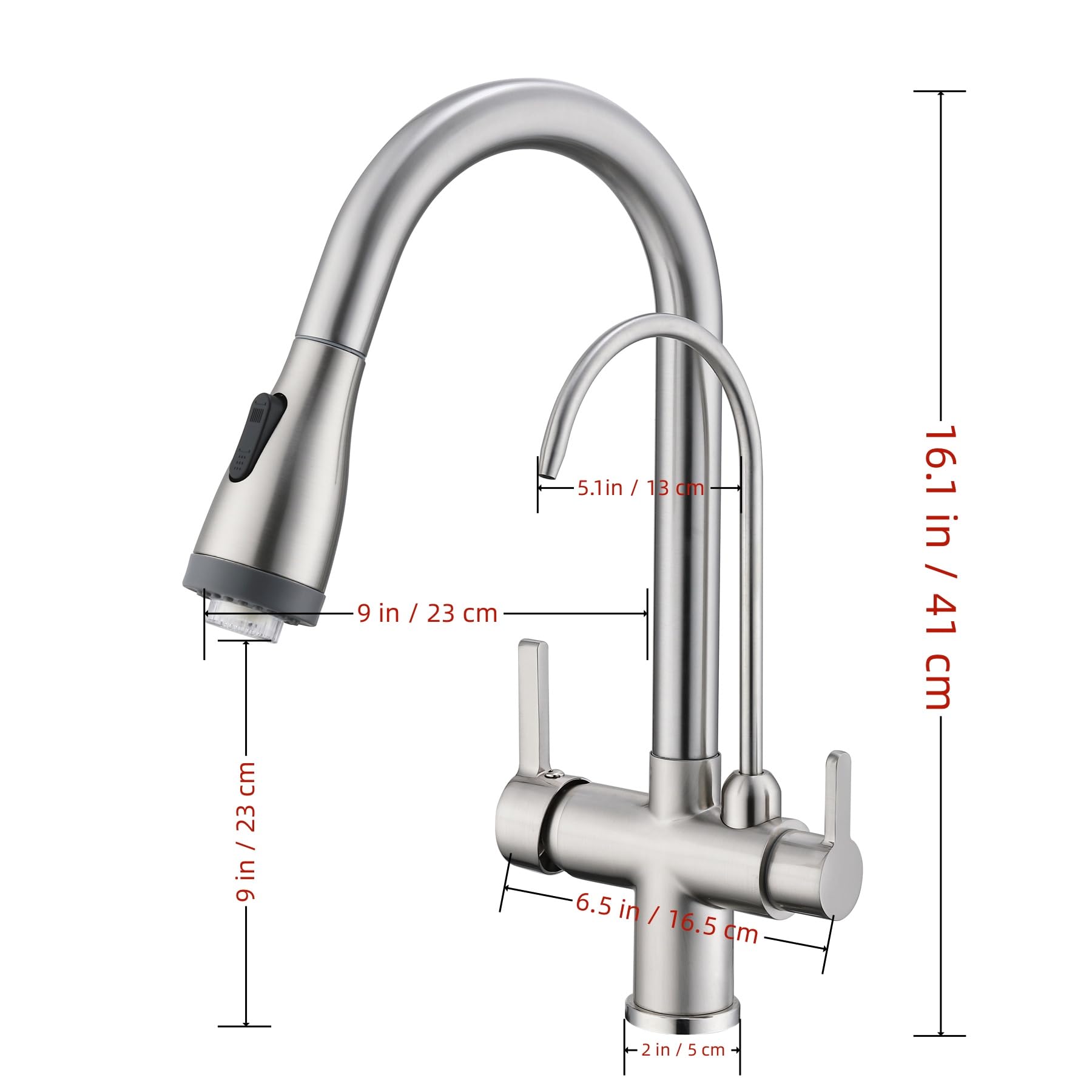 Brushed Nickel 3-in-1 Kitchen Sink Faucet with Pull Down LED Light Sprayer & Water Filter Purifier - Dual Handle Design for Farmhouse, Laundry, Camper, RV & Bar Use