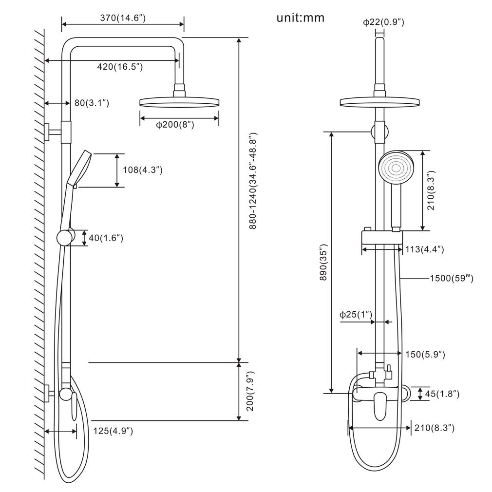 5-Function Outdoor Shower System - Matte Black Exposed Rain Shower Fixture with Handheld Sprayer (HXSB06U) for Patio, Poolside & Garden Use